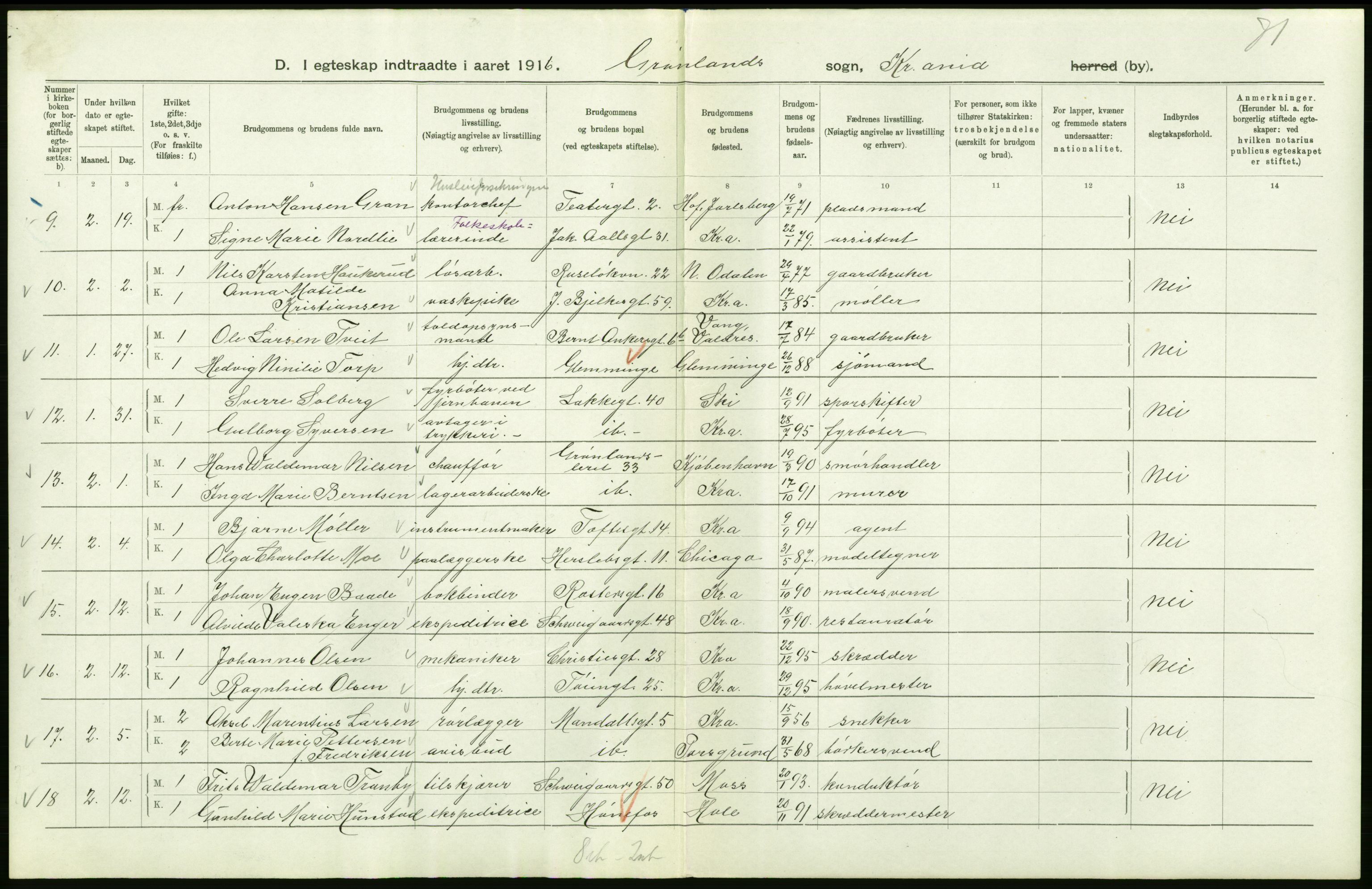 Statistisk sentralbyrå, Sosiodemografiske emner, Befolkning, RA/S-2228/D/Df/Dfb/Dfbf/L0008: Kristiania: Gifte, 1916, s. 544