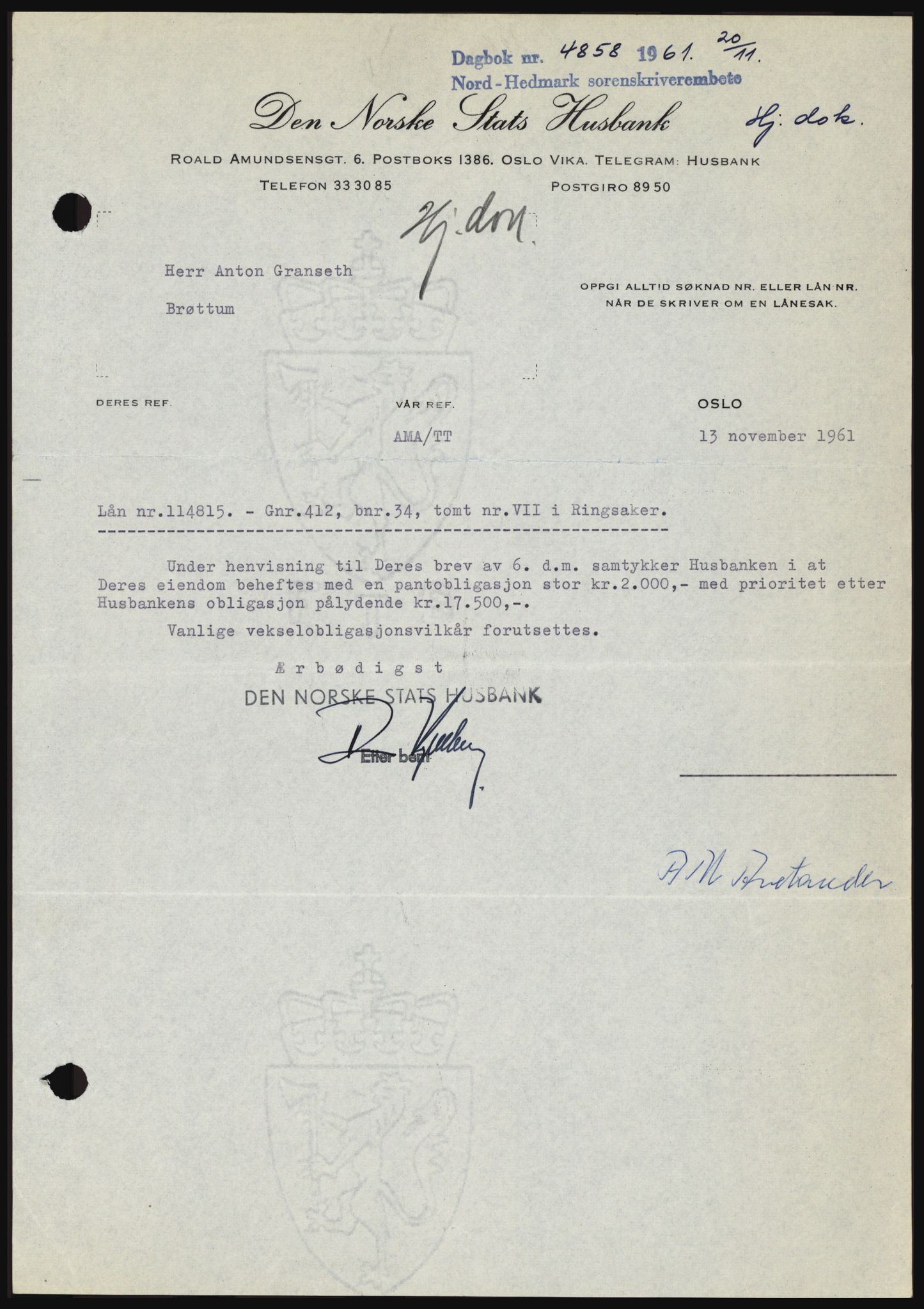 Nord-Hedmark sorenskriveri, SAH/TING-012/H/Hc/L0015: Pantebok nr. 15, 1961-1961, Dagboknr: 4858/1961