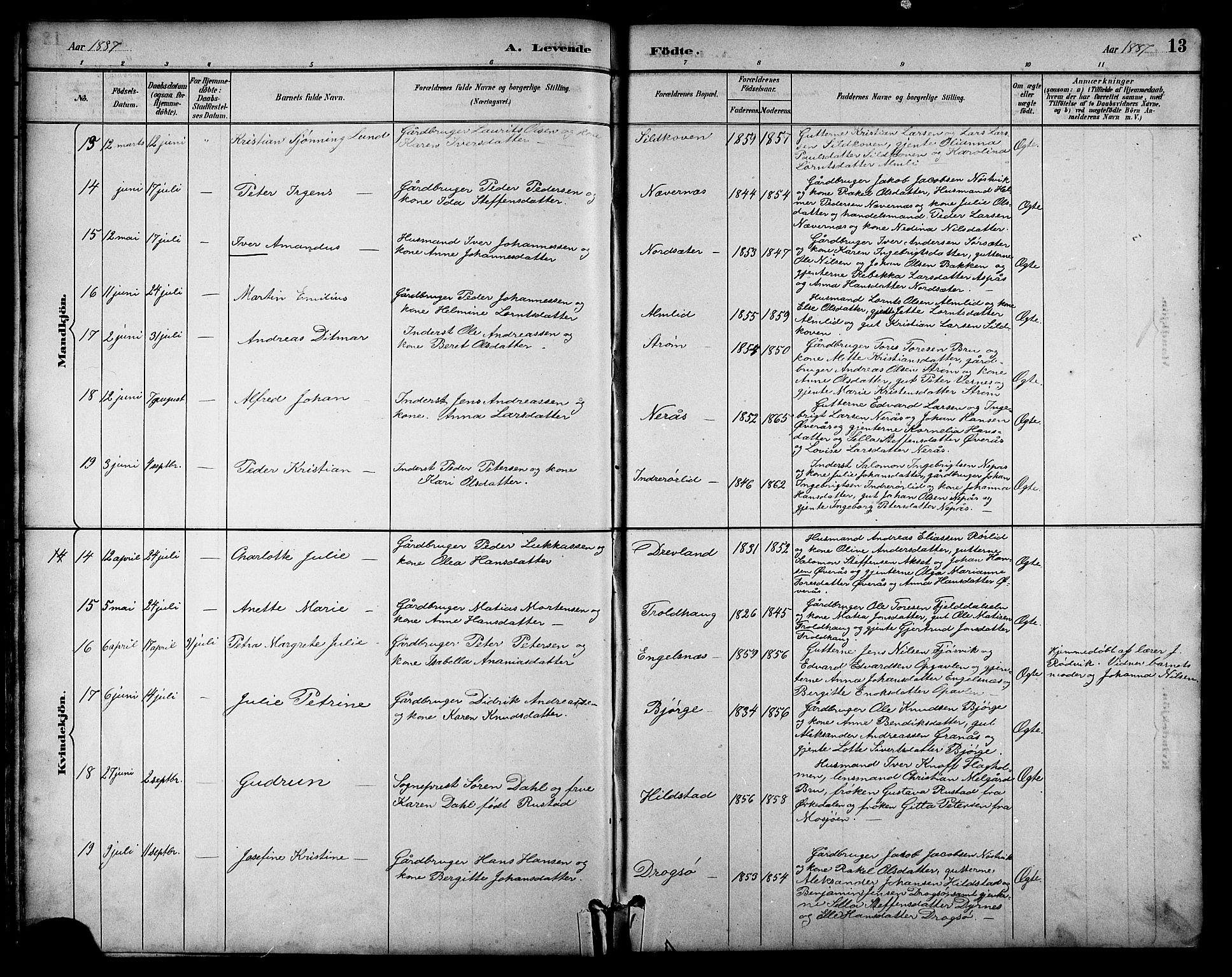 Ministerialprotokoller, klokkerbøker og fødselsregistre - Nordland, AV/SAT-A-1459/814/L0230: Klokkerbok nr. 814C03, 1884-1911, s. 13