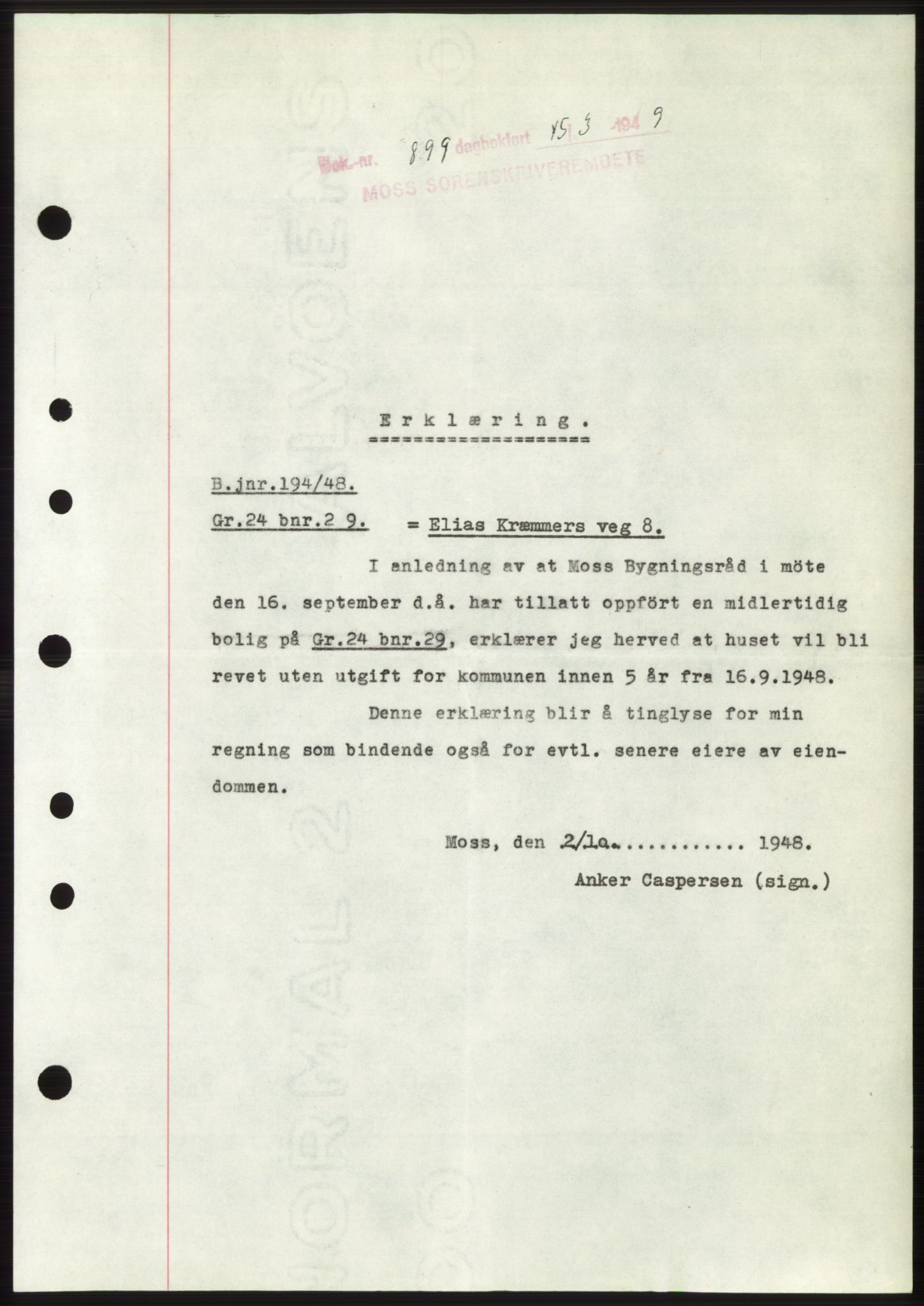 Moss sorenskriveri, SAO/A-10168: Pantebok nr. B21, 1949-1949, Dagboknr: 899/1949
