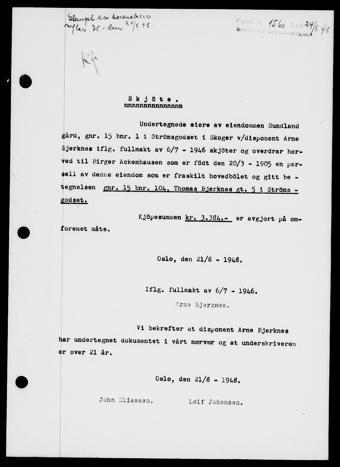 Holmestrand sorenskriveri, SAKO/A-67/G/Ga/Gaa/L0064: Pantebok nr. A-64, 1948-1948, Dagboknr: 1560/1948