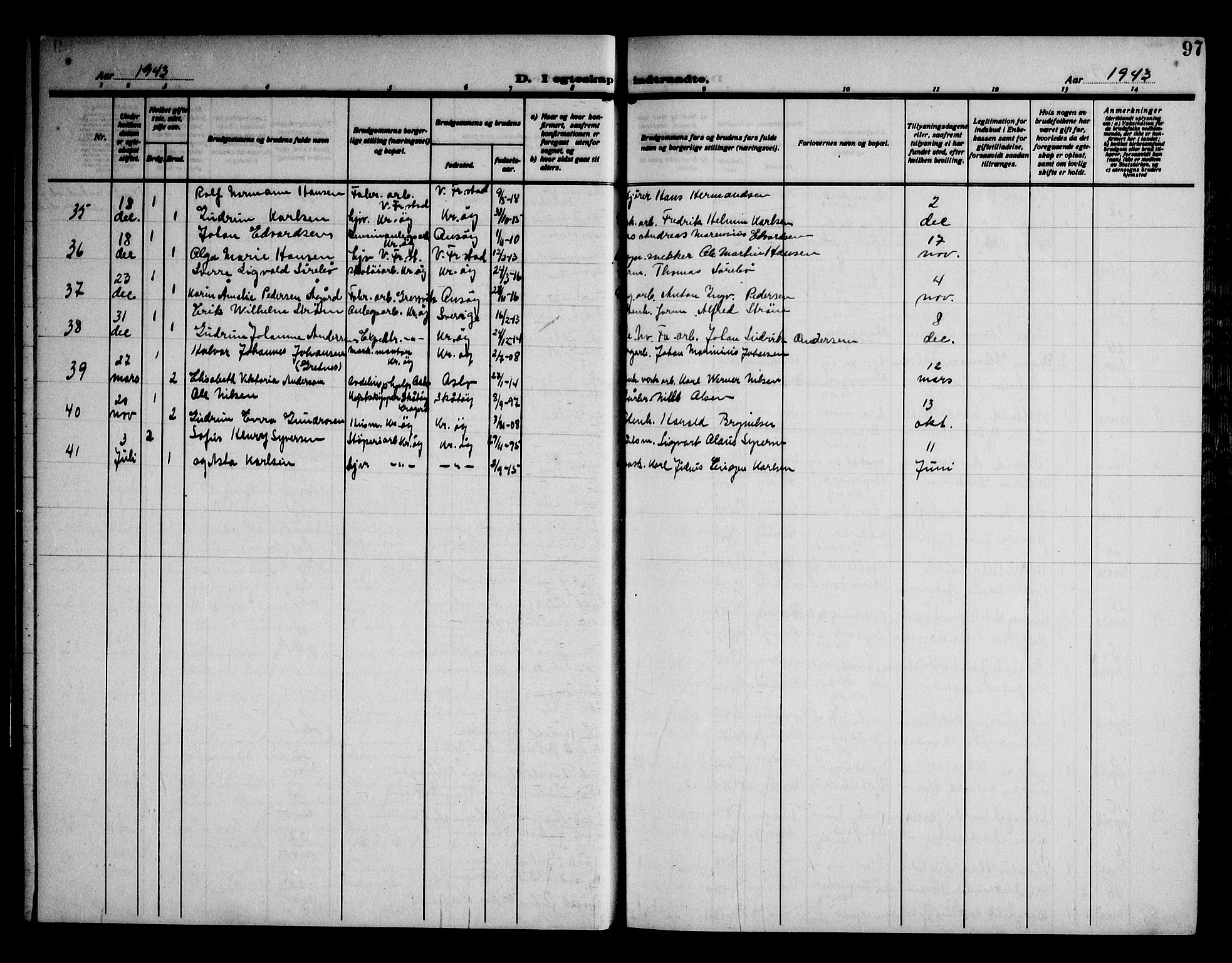 Kråkerøy prestekontor Kirkebøker, AV/SAO-A-10912/G/Ga/L0002: Klokkerbok nr. 2, 1908-1952, s. 97
