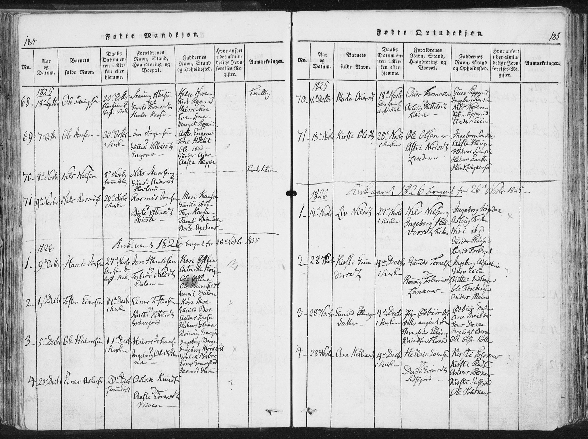 Bø kirkebøker, AV/SAKO-A-257/F/Fa/L0006: Ministerialbok nr. 6, 1815-1831, s. 184-185