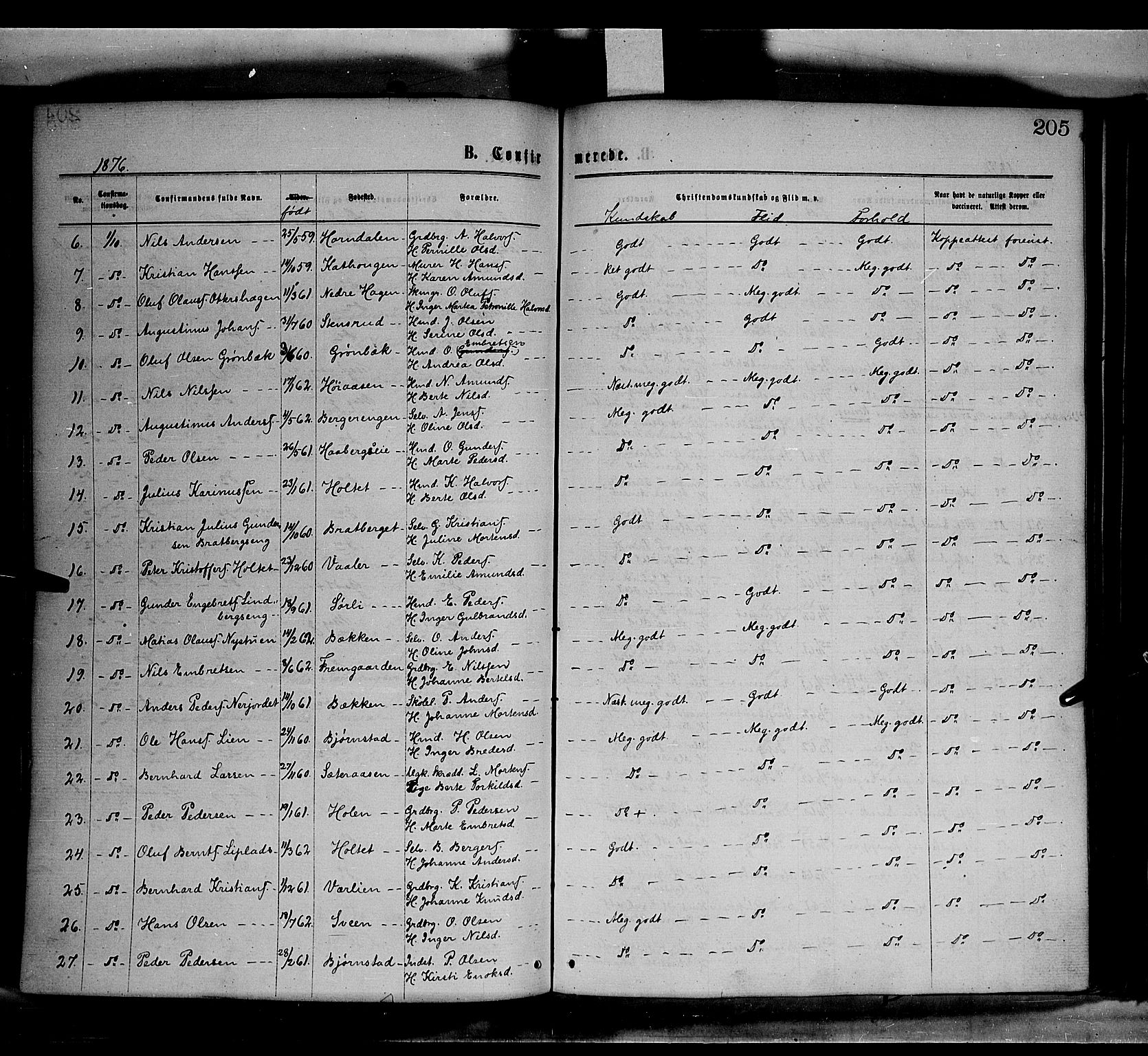 Elverum prestekontor, SAH/PREST-044/H/Ha/Haa/L0011: Ministerialbok nr. 11, 1869-1879, s. 205