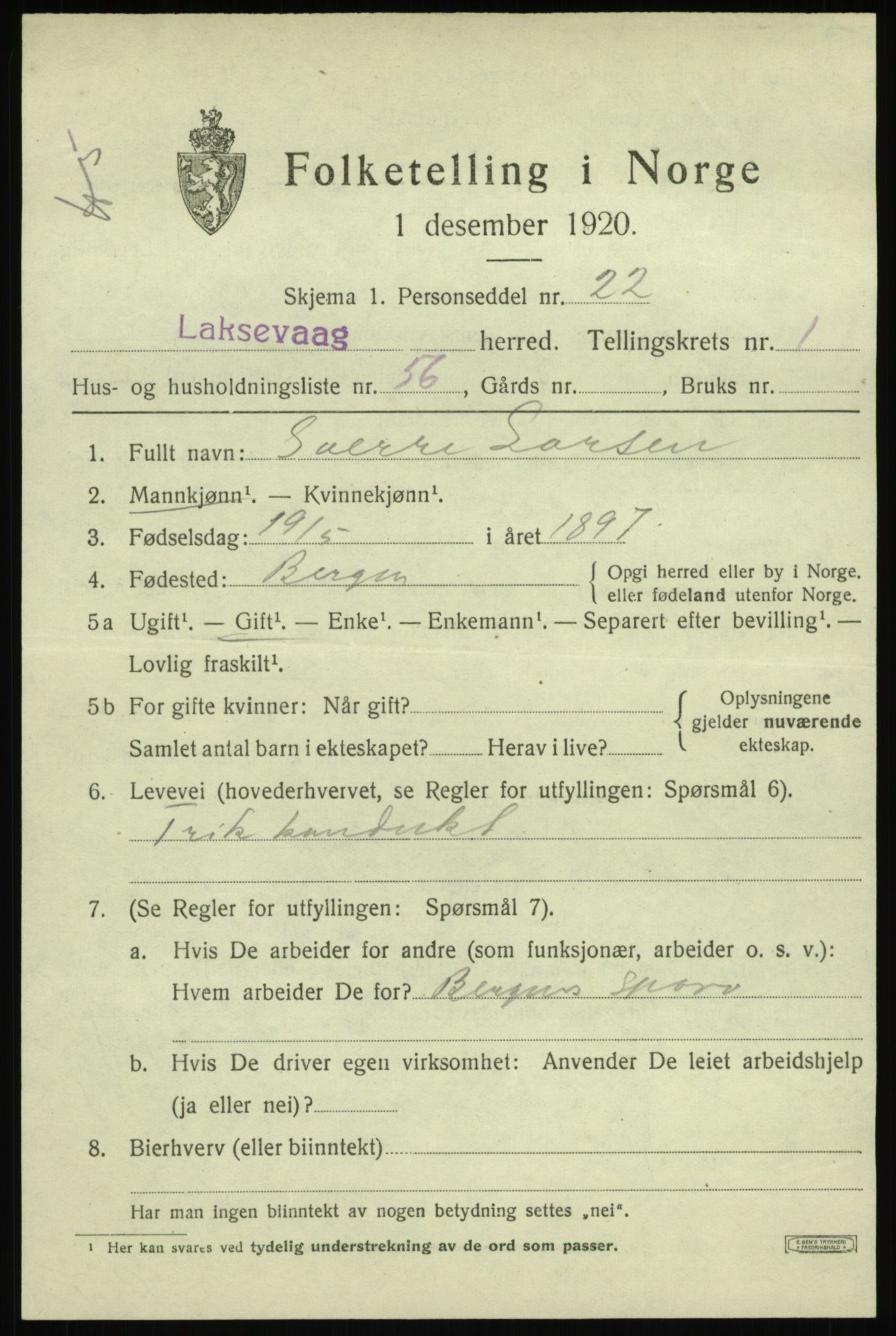 SAB, Folketelling 1920 for 1248 Laksevåg herred, 1920, s. 3984