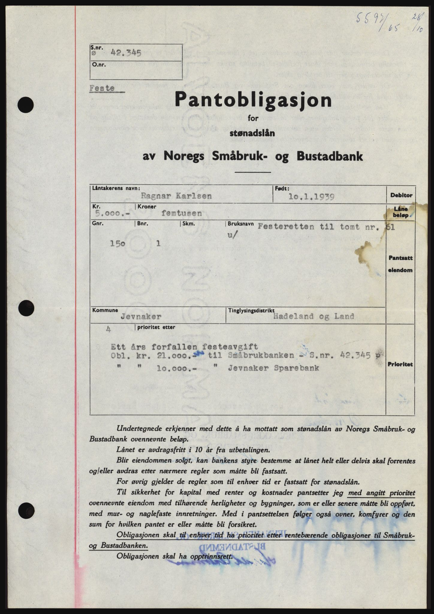 Hadeland og Land tingrett, SAH/TING-010/H/Hb/Hbc/L0060: Pantebok nr. B60, 1965-1965, Dagboknr: 5597/1965