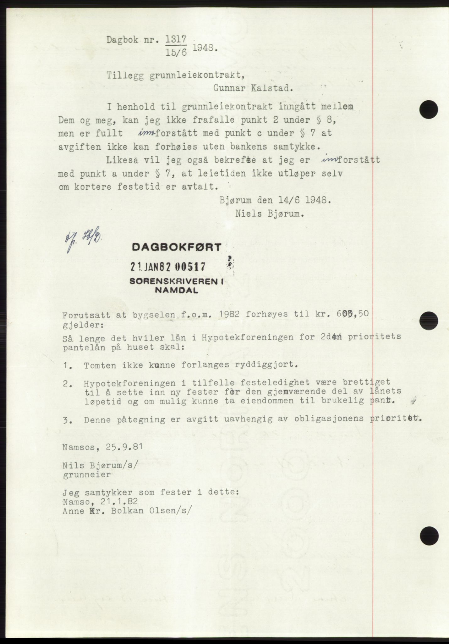 Namdal sorenskriveri, SAT/A-4133/1/2/2C: Pantebok nr. -, 1947-1947, Dagboknr: 1317/1947