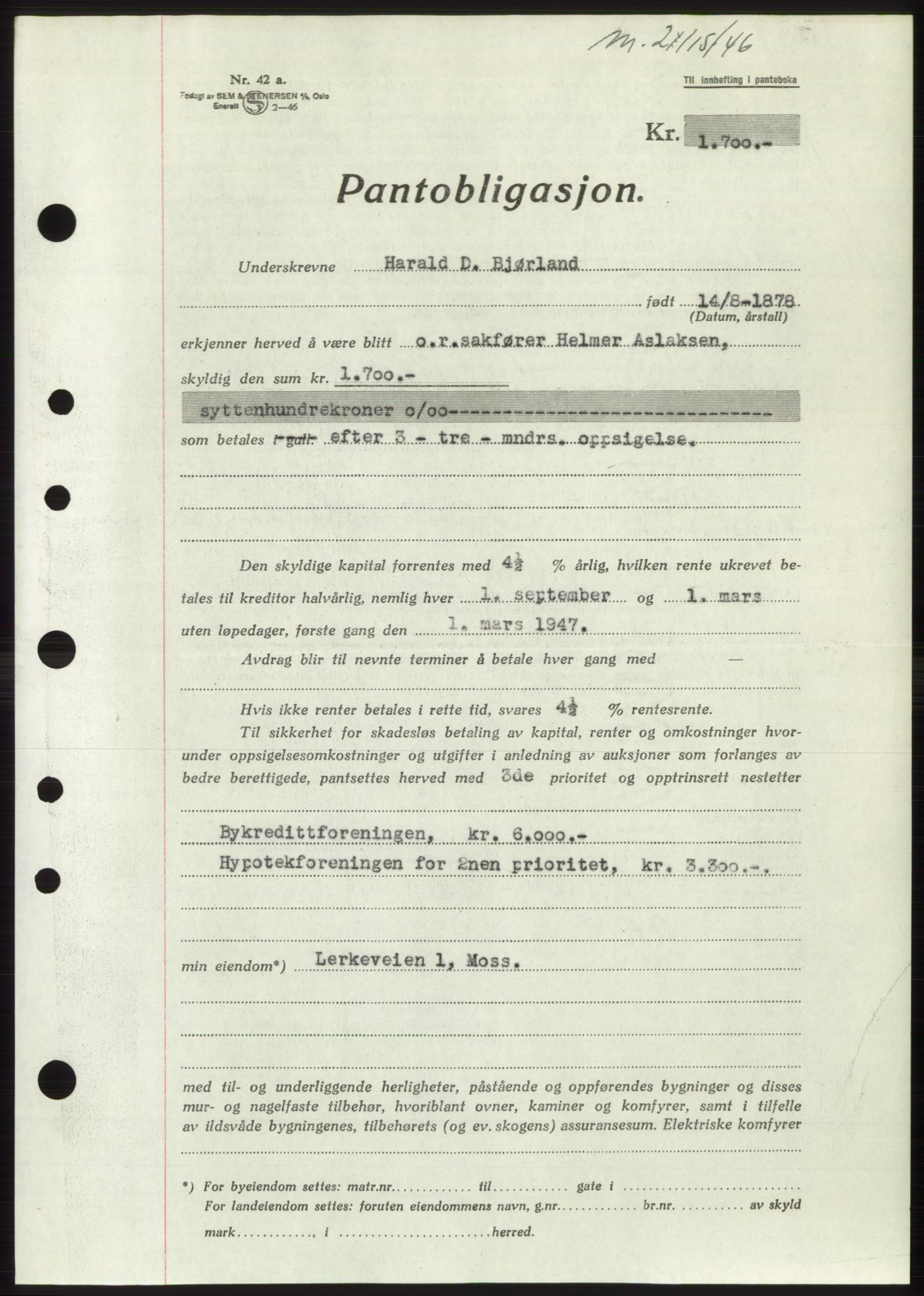 Moss sorenskriveri, SAO/A-10168: Pantebok nr. B15, 1946-1946, Dagboknr: 2115/1946