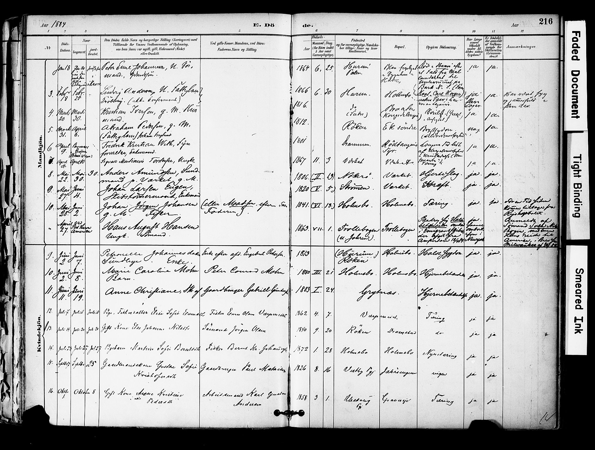 Hurum kirkebøker, AV/SAKO-A-229/F/Fa/L0014: Ministerialbok nr. 14, 1882-1895, s. 216