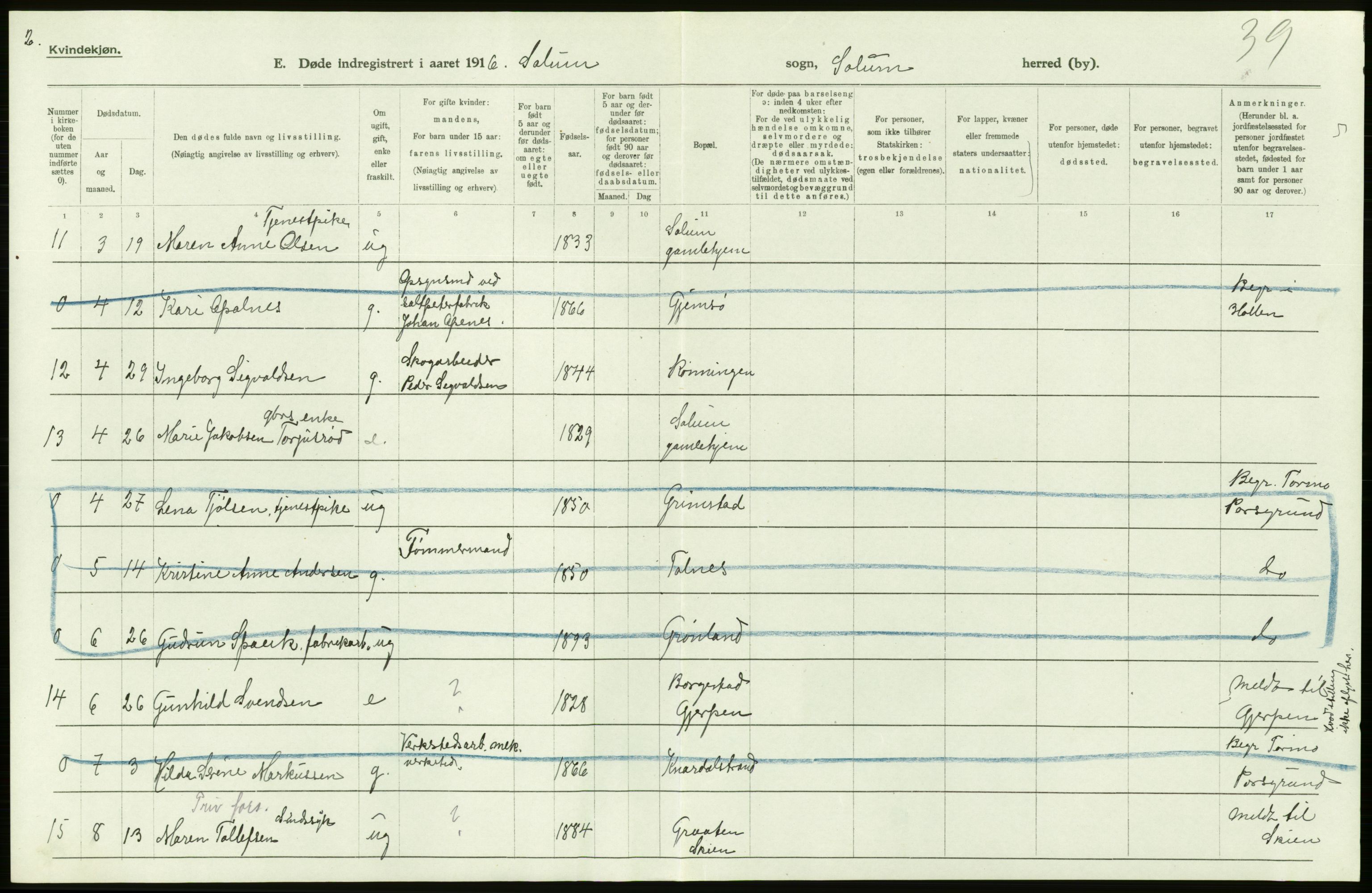 Statistisk sentralbyrå, Sosiodemografiske emner, Befolkning, RA/S-2228/D/Df/Dfb/Dfbf/L0024: Bratsberg amt: Døde, dødfødte. Bygder og byer., 1916, s. 294