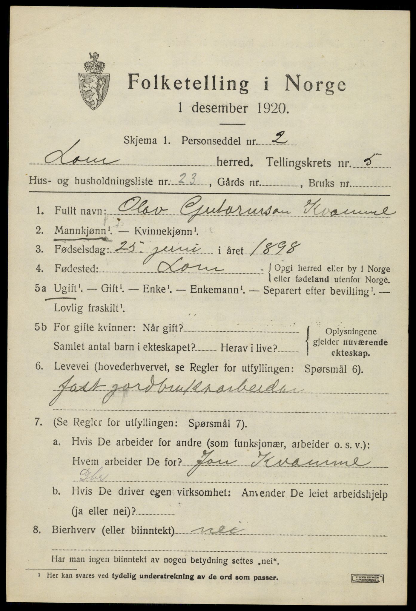 SAH, Folketelling 1920 for 0514 Lom herred, 1920, s. 3394