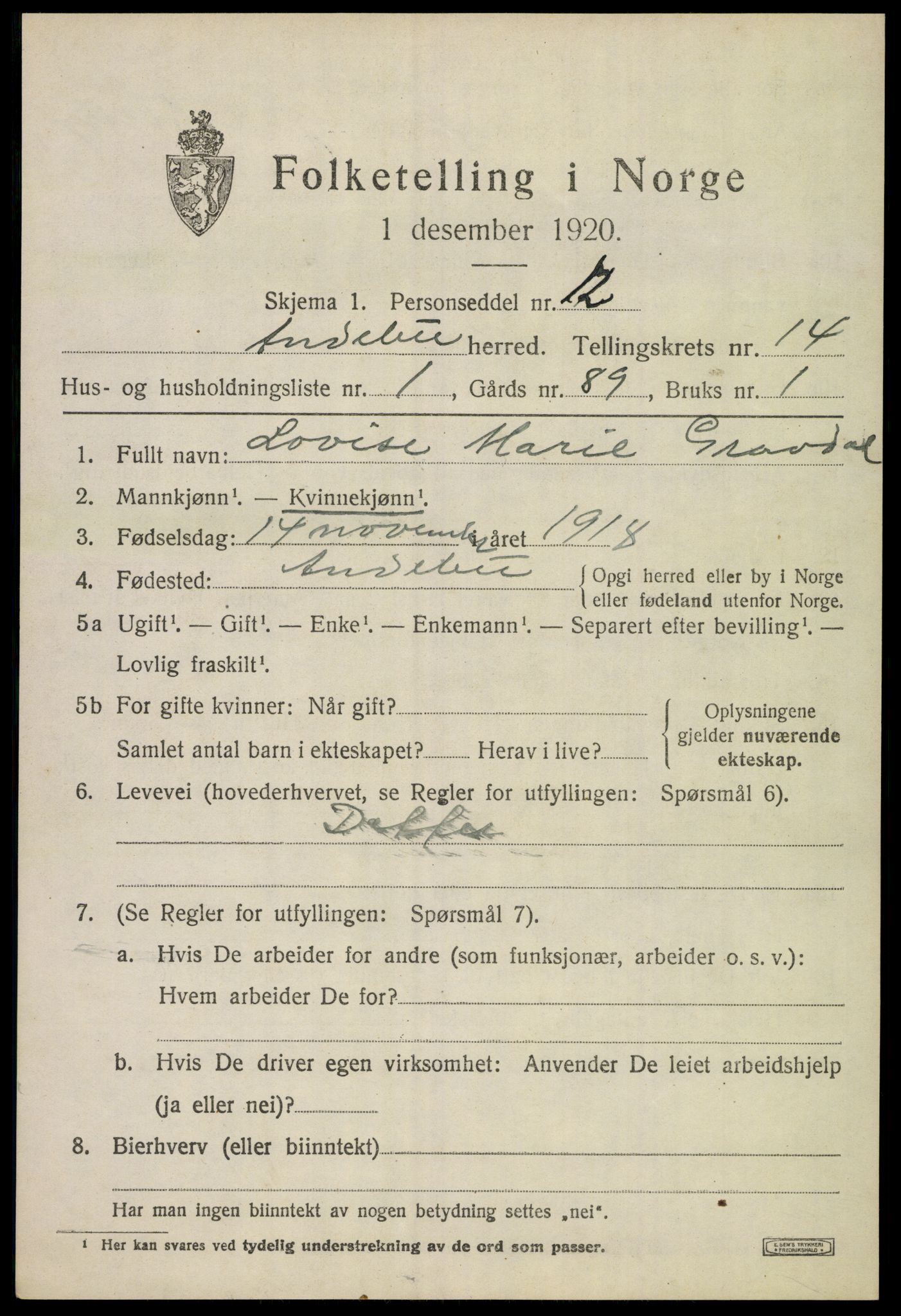 SAKO, Folketelling 1920 for 0719 Andebu herred, 1920, s. 5108