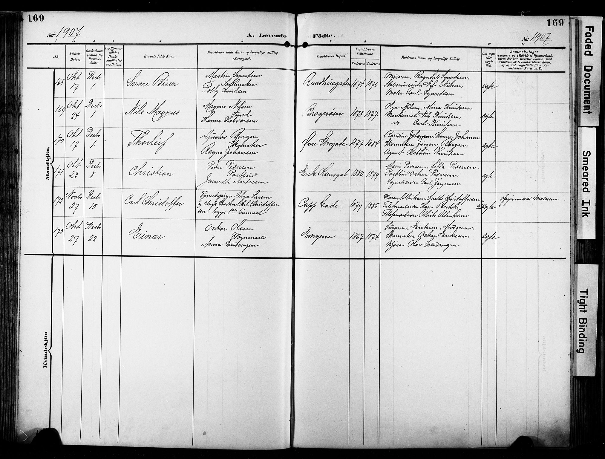 Bragernes kirkebøker, AV/SAKO-A-6/F/Fb/L0009: Ministerialbok nr. II 9, 1902-1911, s. 169