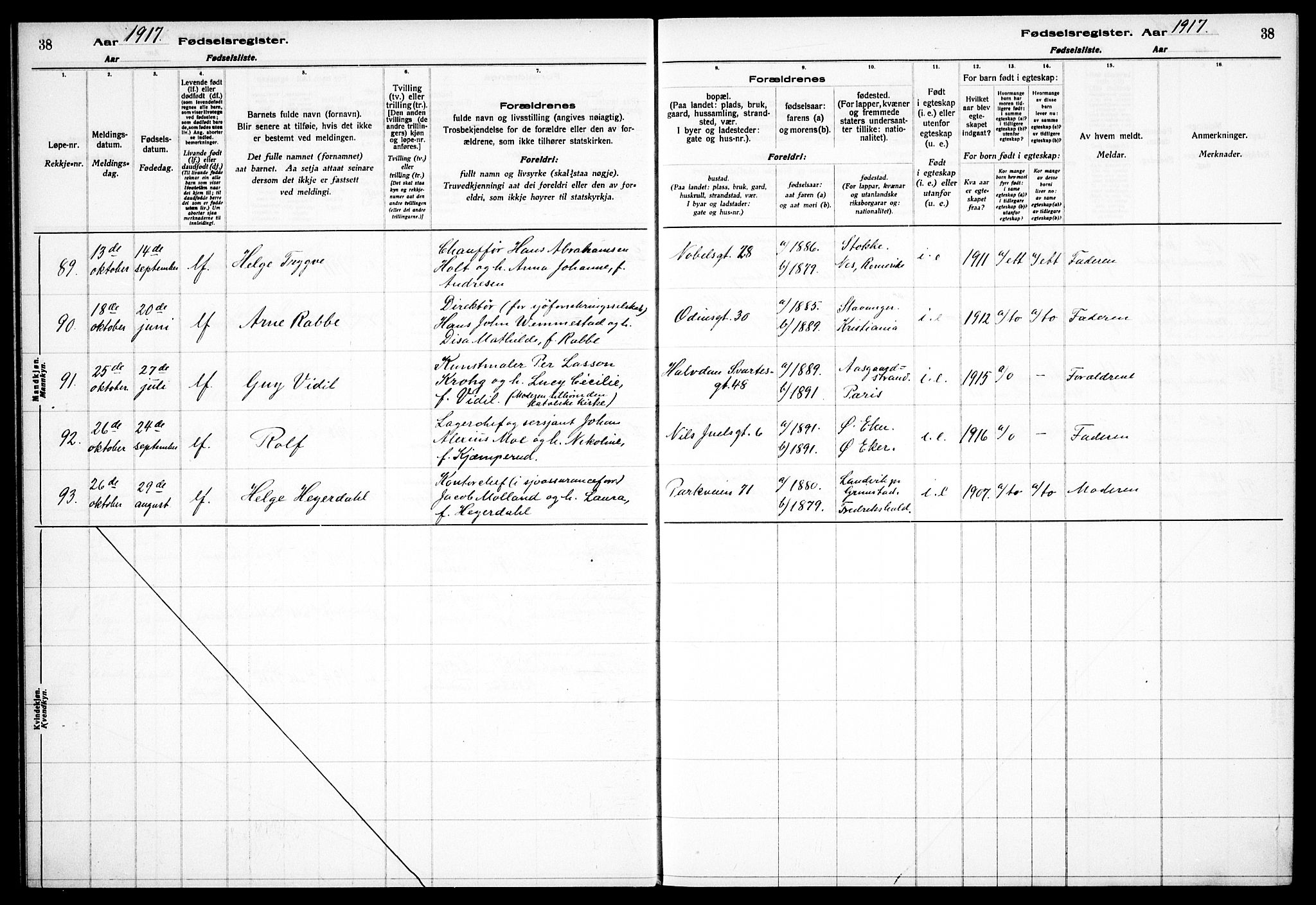 Frogner prestekontor Kirkebøker, SAO/A-10886/J/Ja/L0001: Fødselsregister nr. 1, 1916-1927, s. 38