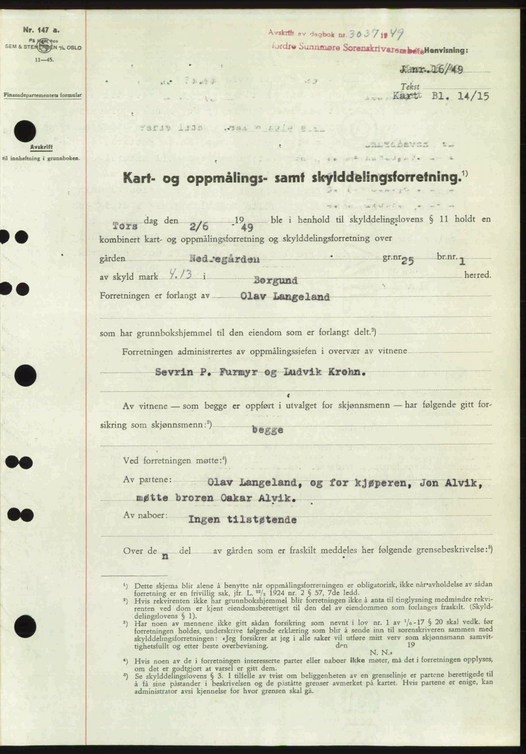 Nordre Sunnmøre sorenskriveri, SAT/A-0006/1/2/2C/2Ca: Pantebok nr. A33, 1949-1950, Dagboknr: 3037/1949