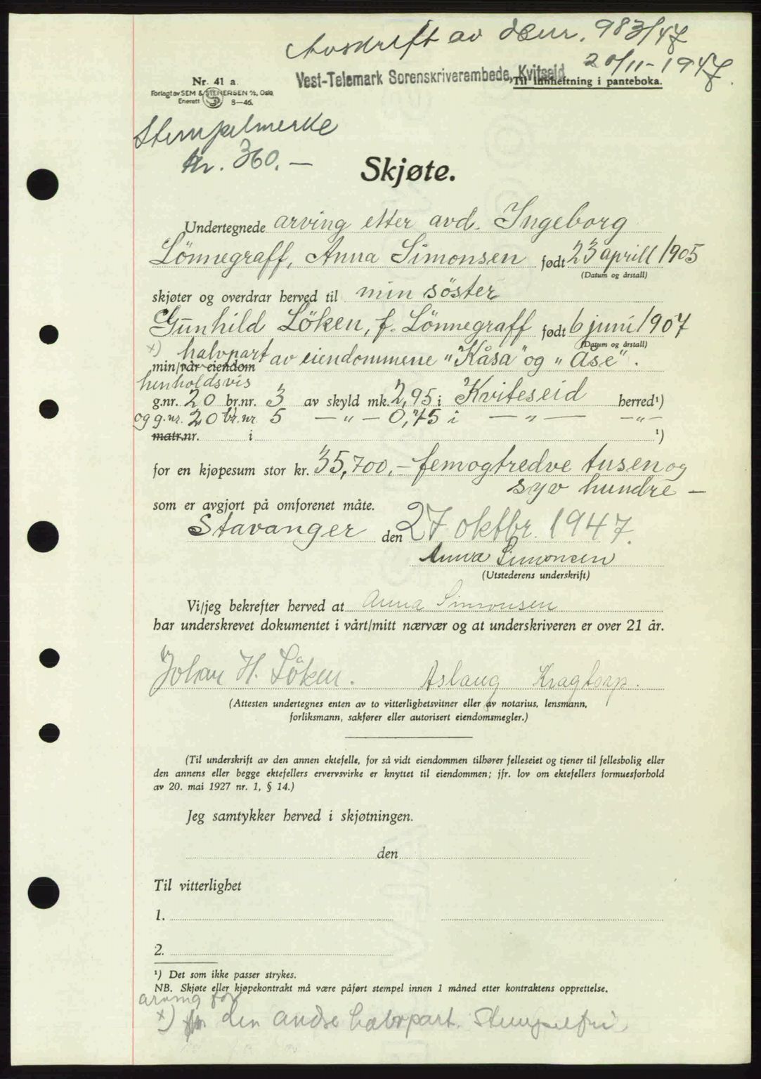 Vest-Telemark sorenskriveri, SAKO/A-134/G/Ga/Gac/L0008: Pantebok nr. A-8, 1947-1948, Dagboknr: 983/1947