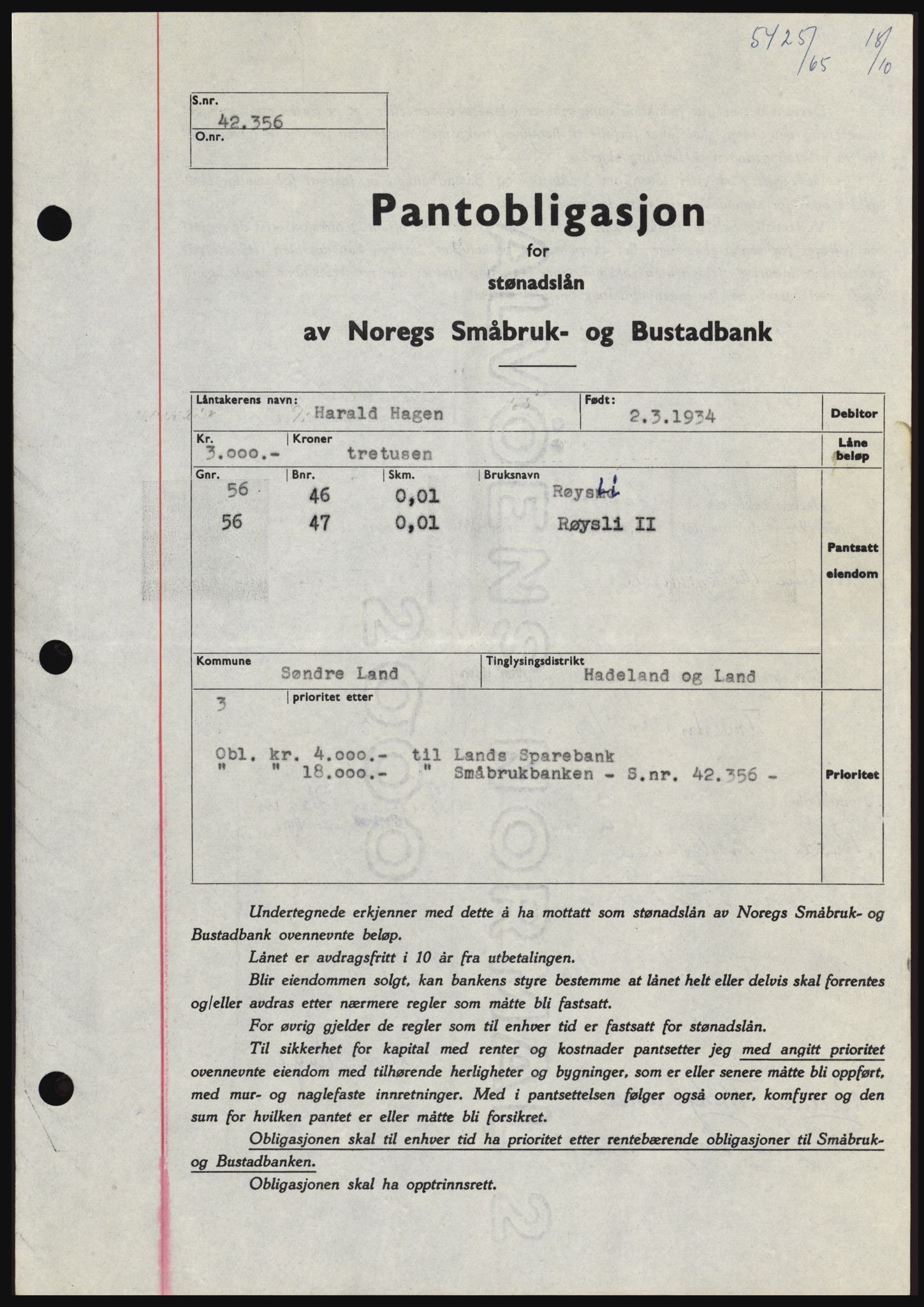 Hadeland og Land tingrett, SAH/TING-010/H/Hb/Hbc/L0060: Pantebok nr. B60, 1965-1965, Dagboknr: 5425/1965
