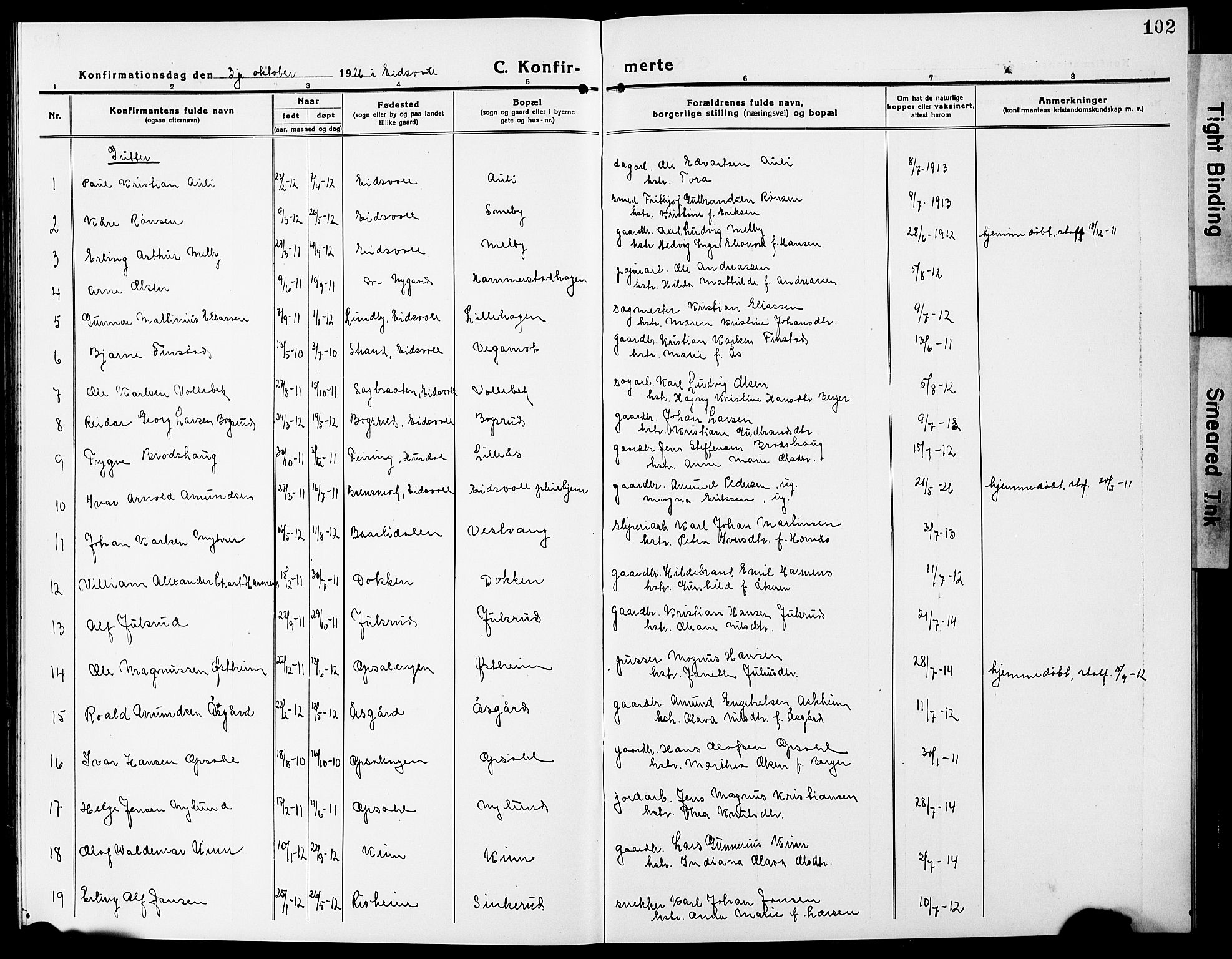 Eidsvoll prestekontor Kirkebøker, AV/SAO-A-10888/G/Ga/L0009: Klokkerbok nr. I 9, 1914-1927, s. 102