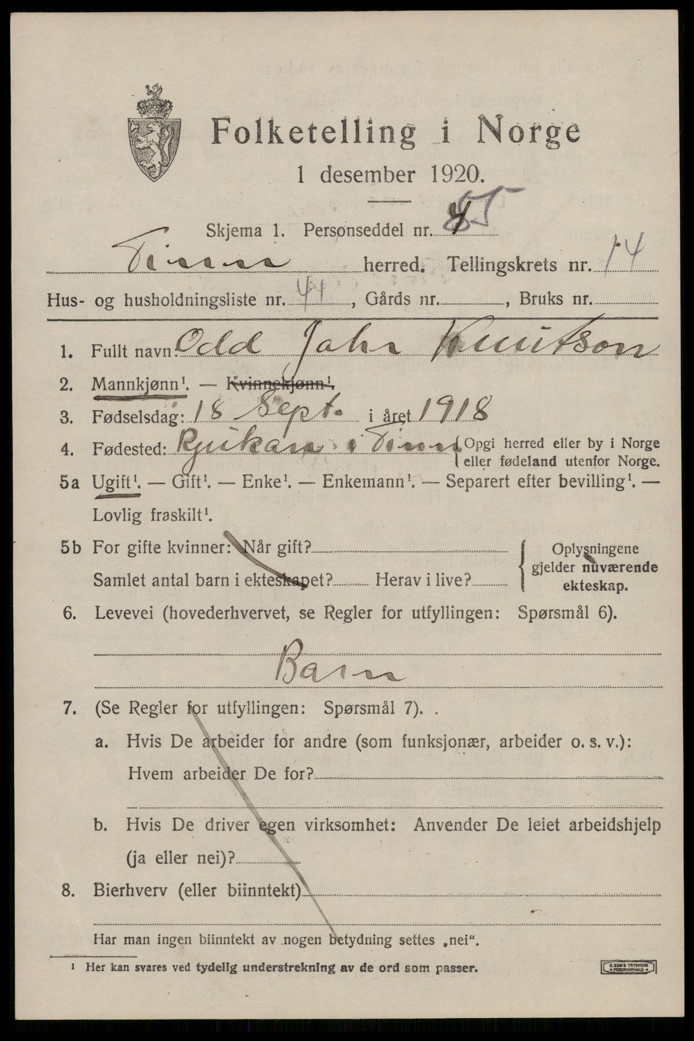 SAKO, Folketelling 1920 for 0826 Tinn herred, 1920, s. 9912