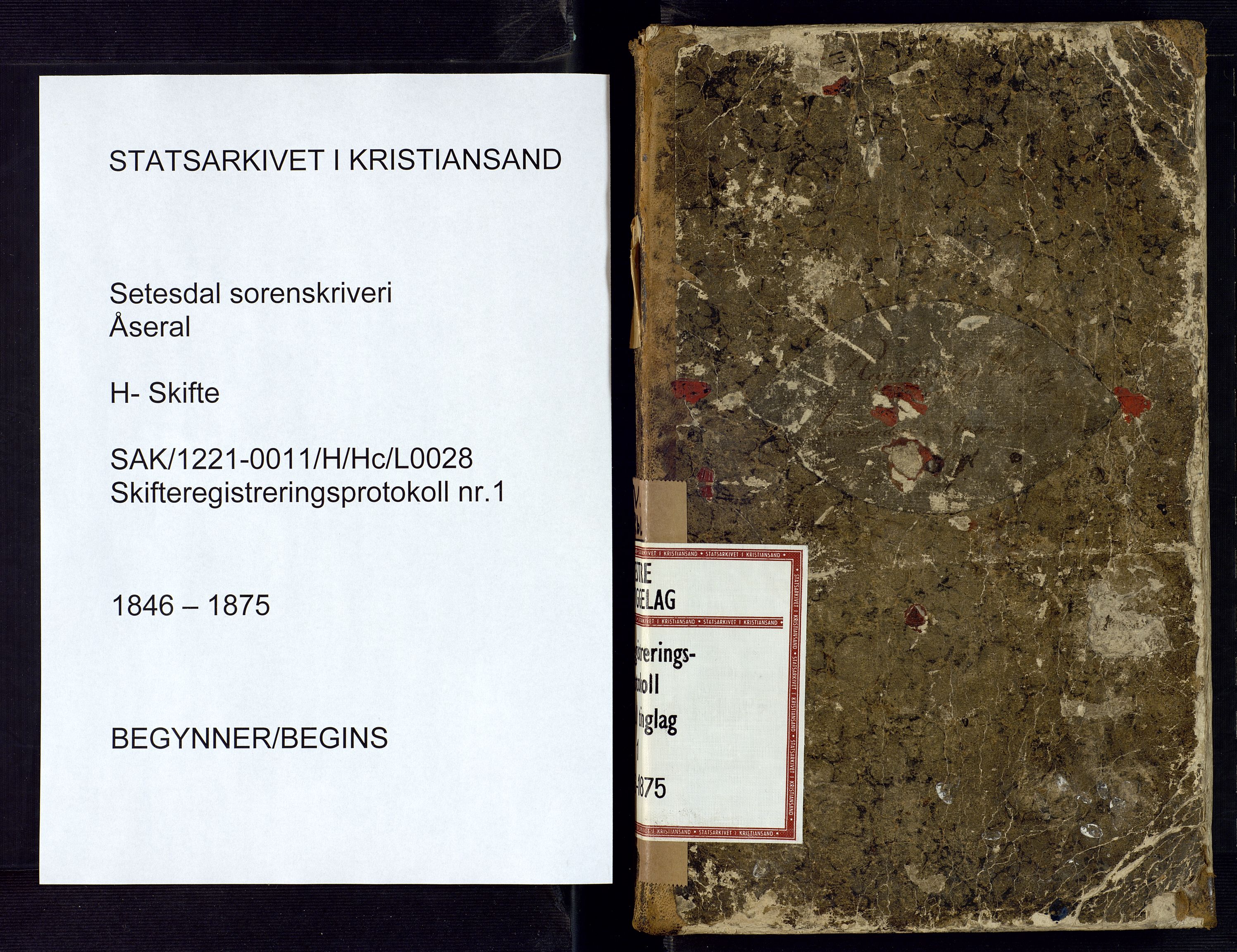 Setesdal sorenskriveri, SAK/1221-0011/H/Hc/L0028: Skifteregistreringsprotokoll nr 1 Åseral tinglag med register, 1846-1875