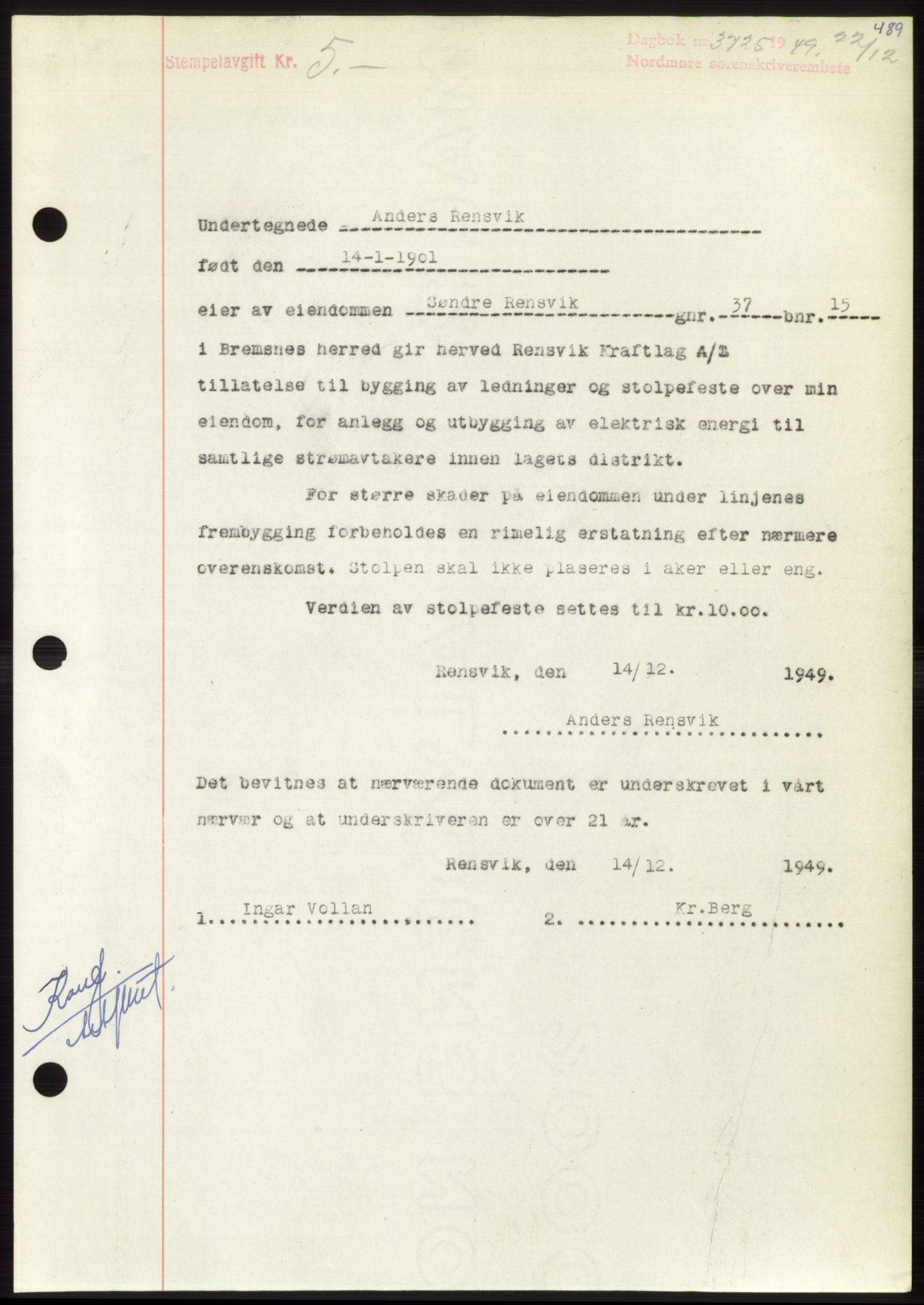 Nordmøre sorenskriveri, SAT/A-4132/1/2/2Ca: Pantebok nr. B103, 1949-1950, Dagboknr: 3725/1949