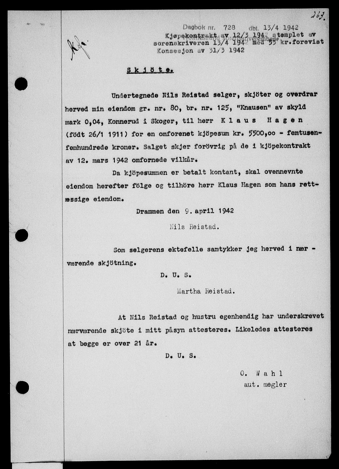 Holmestrand sorenskriveri, SAKO/A-67/G/Ga/Gaa/L0055: Pantebok nr. A-55, 1942-1942, Dagboknr: 728/1942