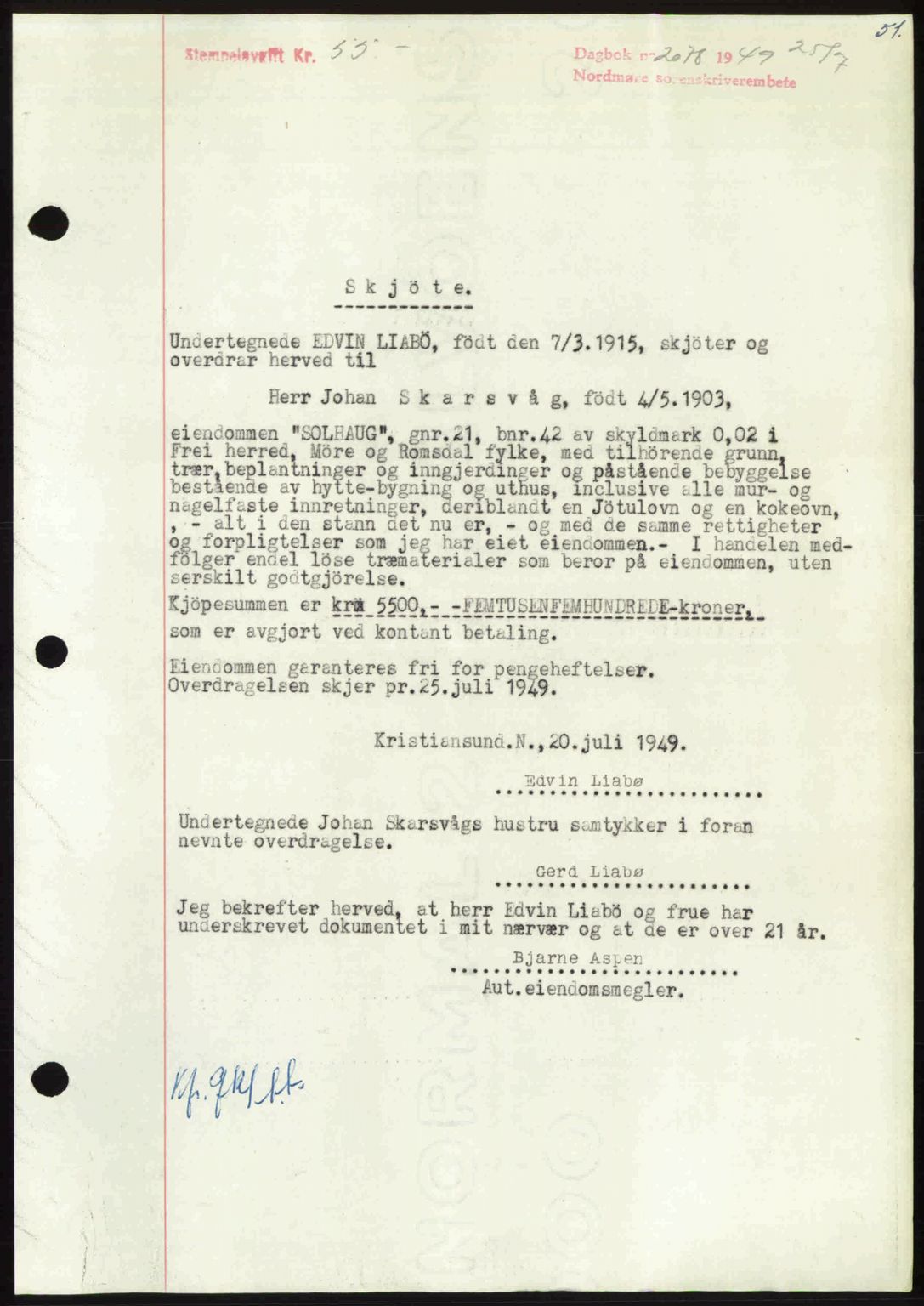 Nordmøre sorenskriveri, SAT/A-4132/1/2/2Ca: Pantebok nr. A112, 1949-1949, Dagboknr: 2078/1949