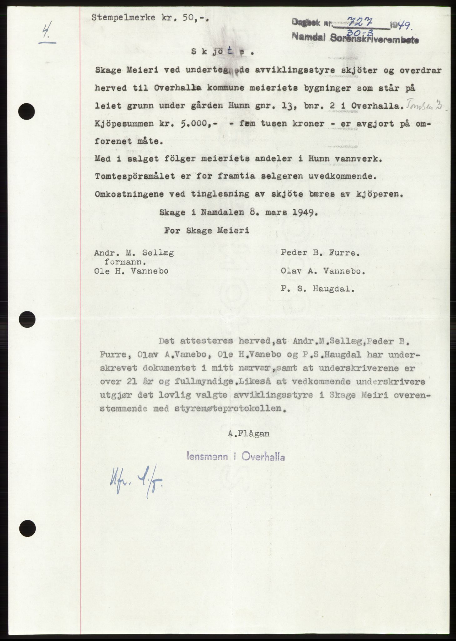 Namdal sorenskriveri, SAT/A-4133/1/2/2C: Pantebok nr. -, 1949-1949, Dagboknr: 727/1949