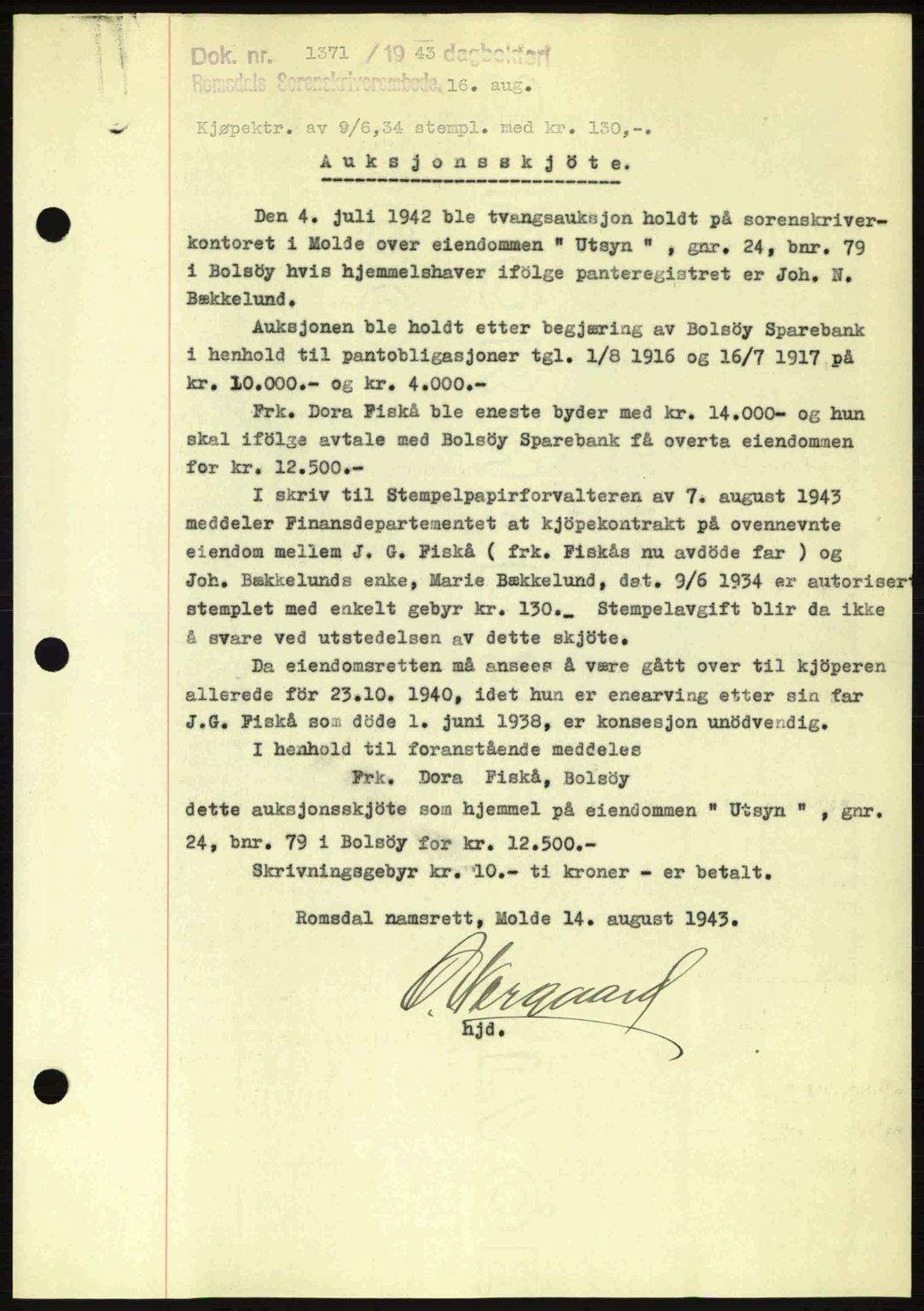Romsdal sorenskriveri, SAT/A-4149/1/2/2C: Pantebok nr. A14, 1943-1943, Dagboknr: 1371/1943