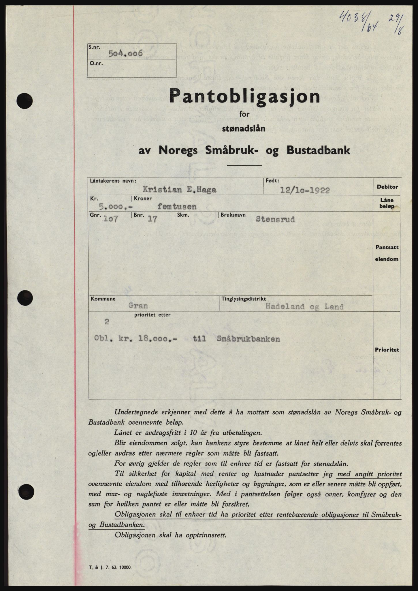 Hadeland og Land tingrett, SAH/TING-010/H/Hb/Hbc/L0056: Pantebok nr. B56, 1964-1964, Dagboknr: 4038/1964