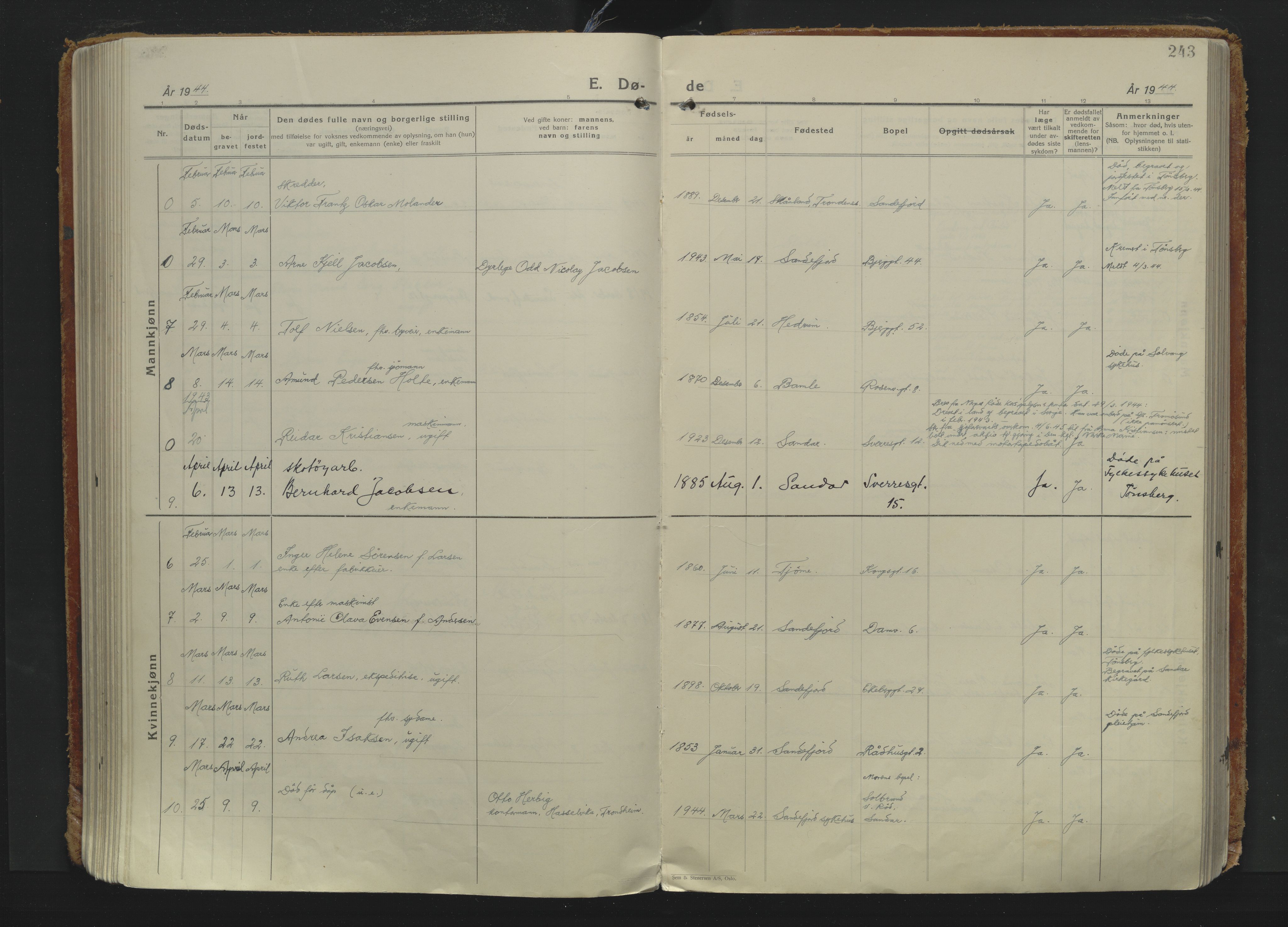 Sandefjord kirkebøker, AV/SAKO-A-315/F/Fa/L0009: Ministerialbok nr. 9, 1926-1945, s. 243