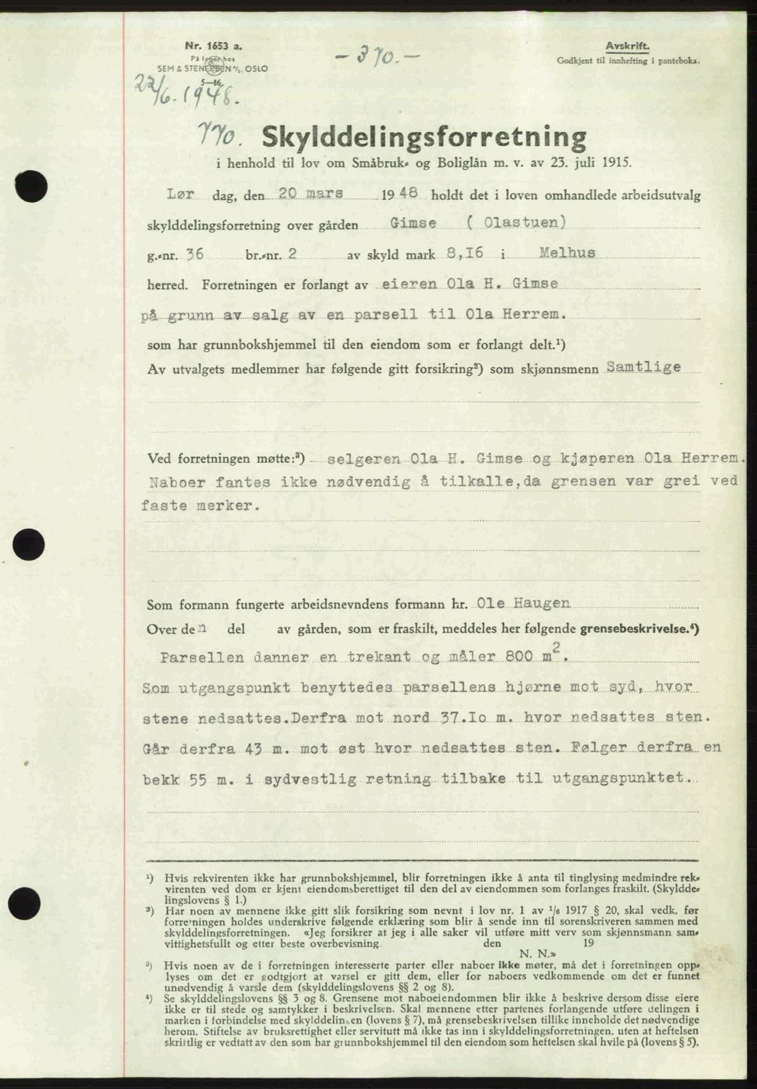 Gauldal sorenskriveri, SAT/A-0014/1/2/2C: Pantebok nr. A6, 1948-1948, Dagboknr: 770/1948