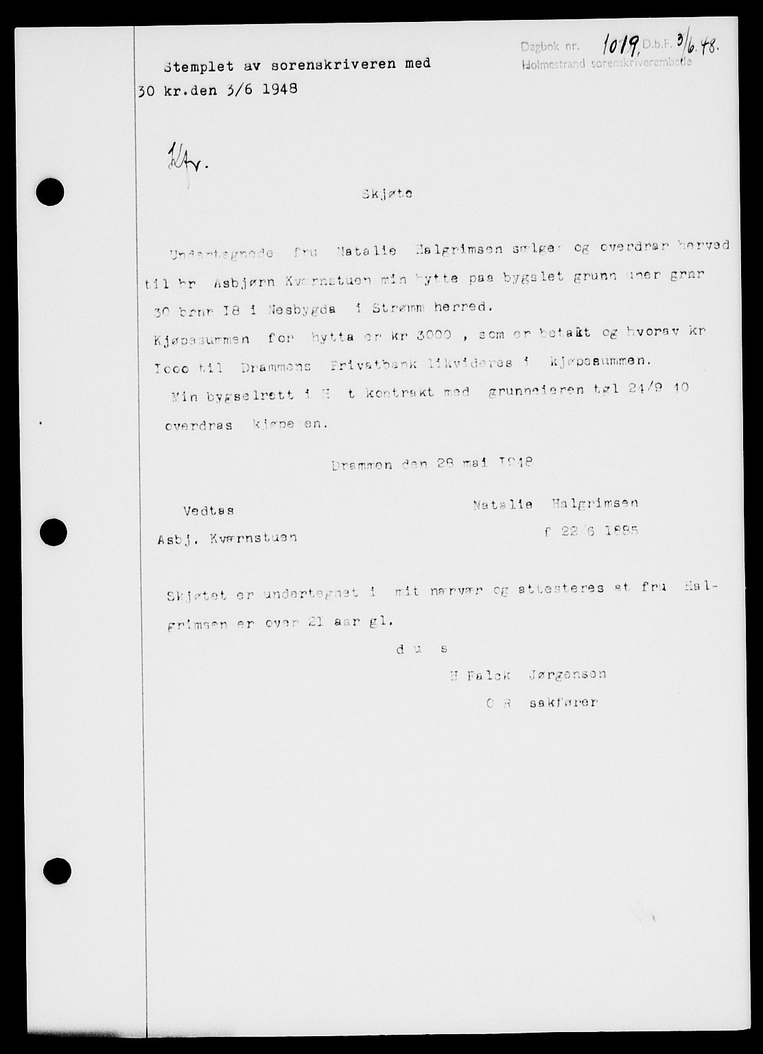 Holmestrand sorenskriveri, SAKO/A-67/G/Ga/Gaa/L0064: Pantebok nr. A-64, 1948-1948, Dagboknr: 1019/1948