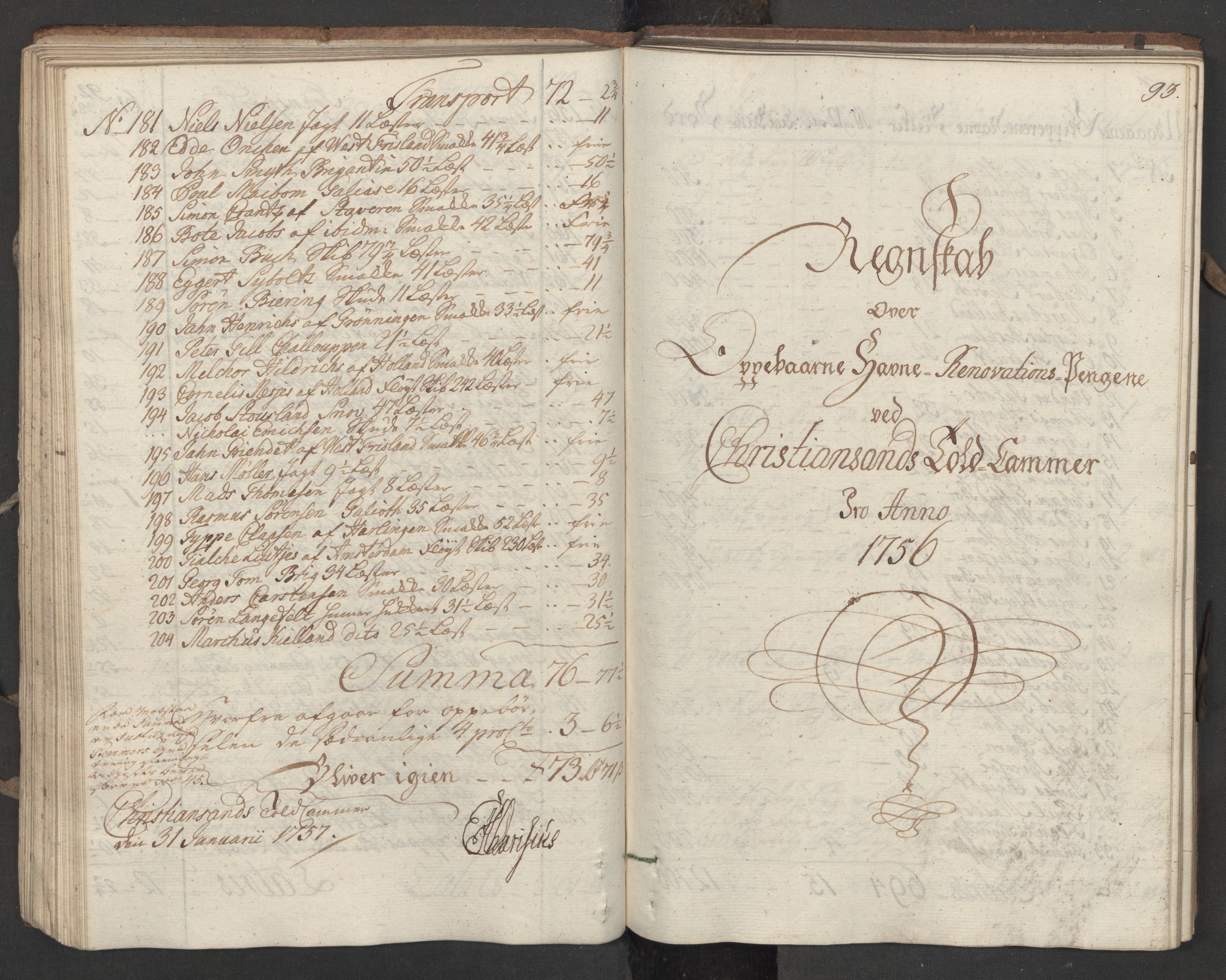 Generaltollkammeret, tollregnskaper, AV/RA-EA-5490/R16/L0034/0001: Tollregnskaper Kristiansand / Utgående hovedtollbok, 1756, s. 92b-93a