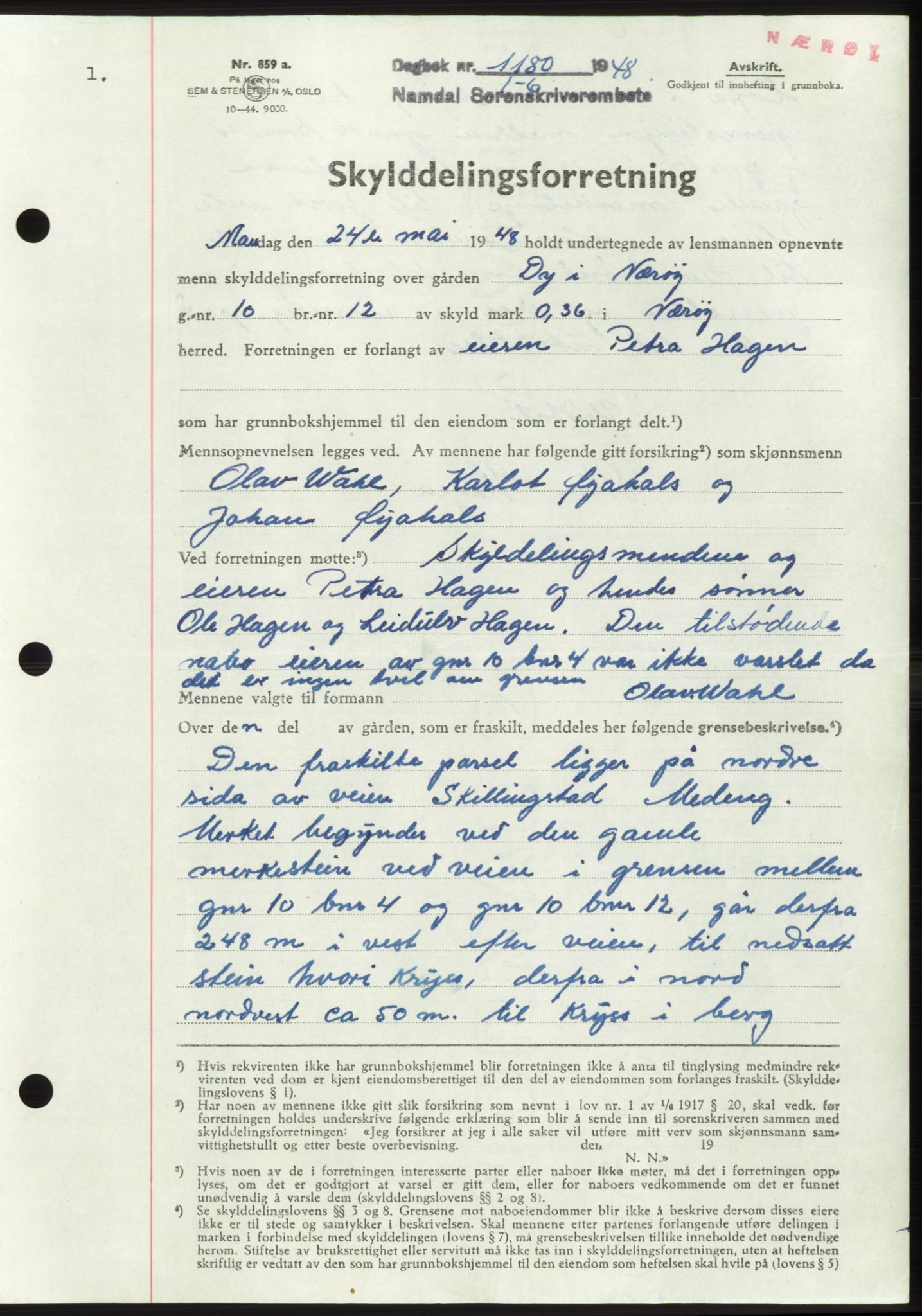 Namdal sorenskriveri, SAT/A-4133/1/2/2C: Pantebok nr. -, 1948-1948, Dagboknr: 1180/1948