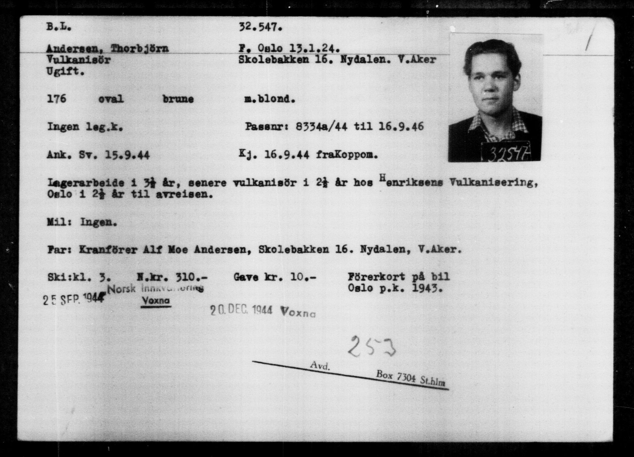Utenriksstasjonene, Legasjonen i Stockholm, Flyktningkontoret, AV/RA-S-6753/V/Va/L0013: Kjesäterkartoteket, flyktninger med registreringsnr. 31500-34731, 1940-1945, s. 1103