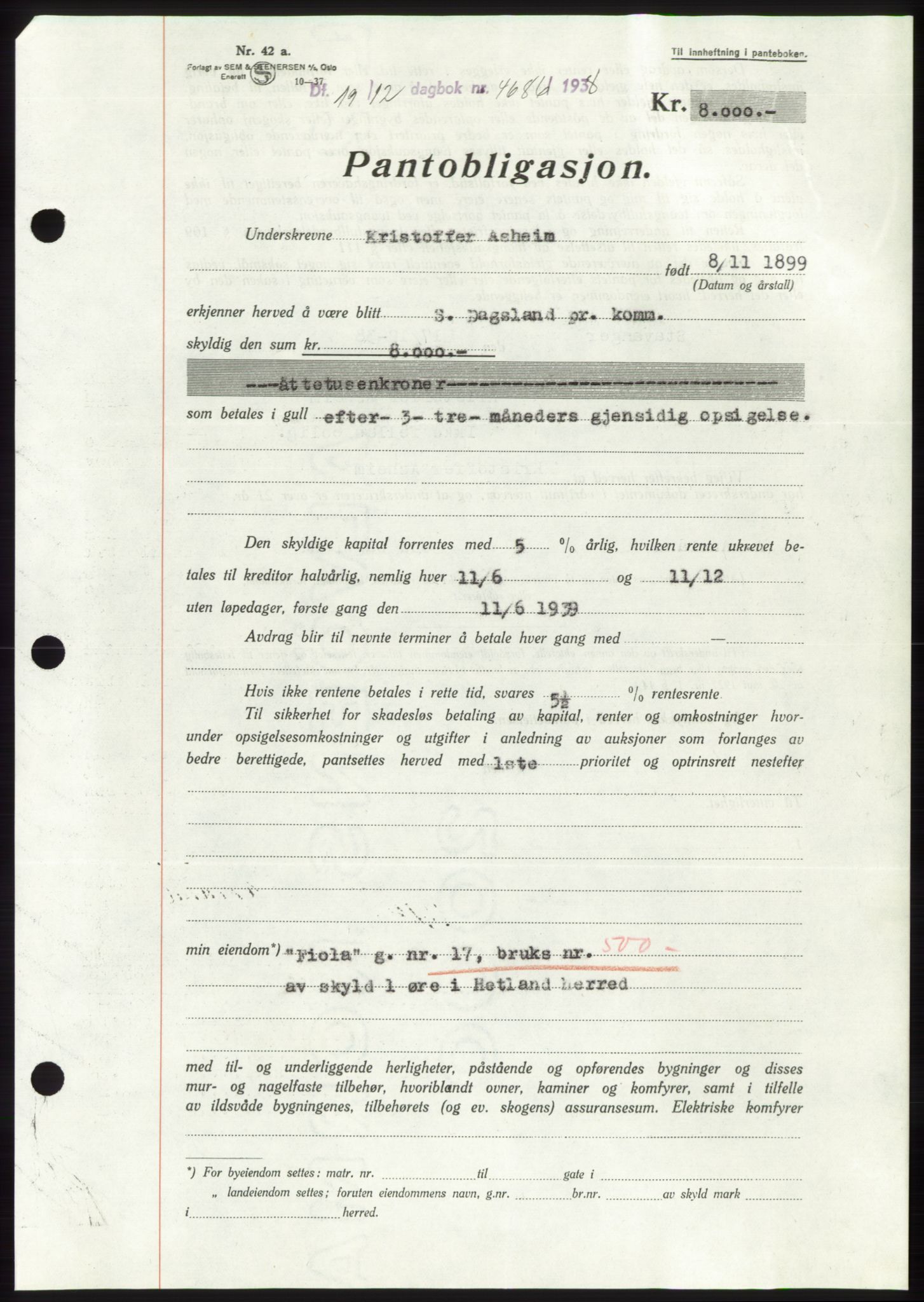 Jæren sorenskriveri, SAST/A-100310/03/G/Gba/L0072: Pantebok, 1938-1938, Dagboknr: 4686/1938