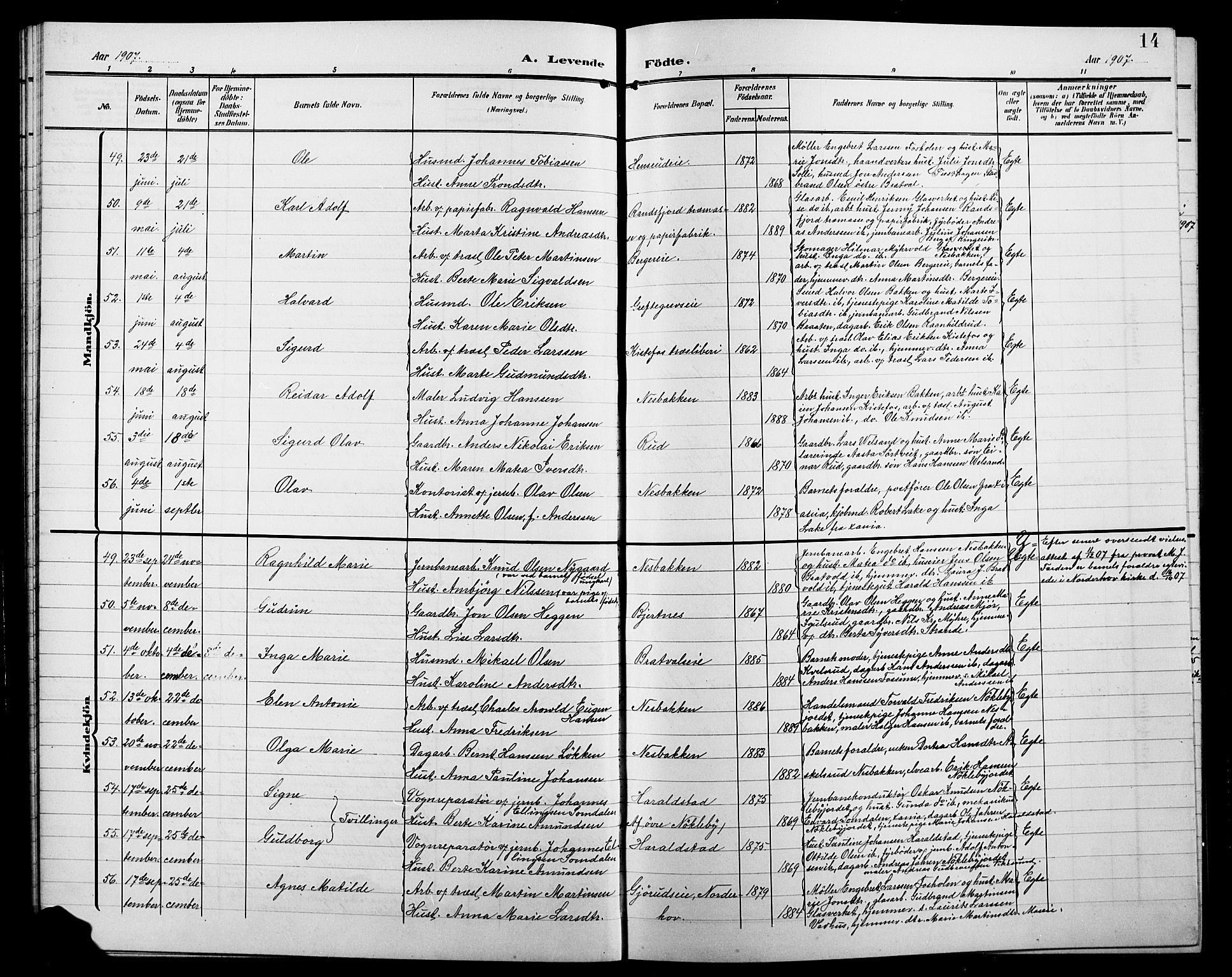 Jevnaker prestekontor, AV/SAH-PREST-116/H/Ha/Hab/L0004: Klokkerbok nr. 4, 1907-1918, s. 14