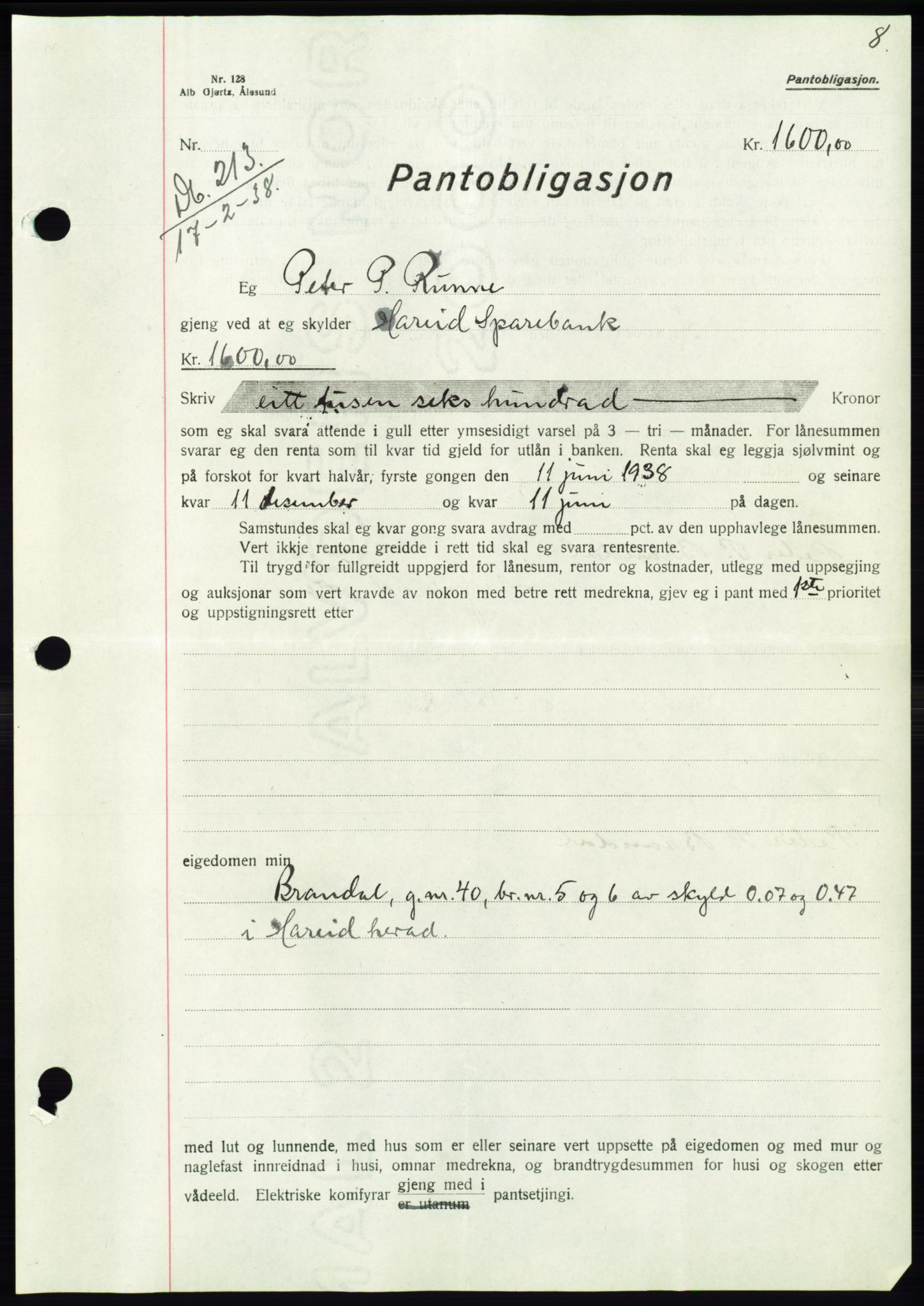 Søre Sunnmøre sorenskriveri, AV/SAT-A-4122/1/2/2C/L0065: Pantebok nr. 59, 1938-1938, Dagboknr: 213/1938