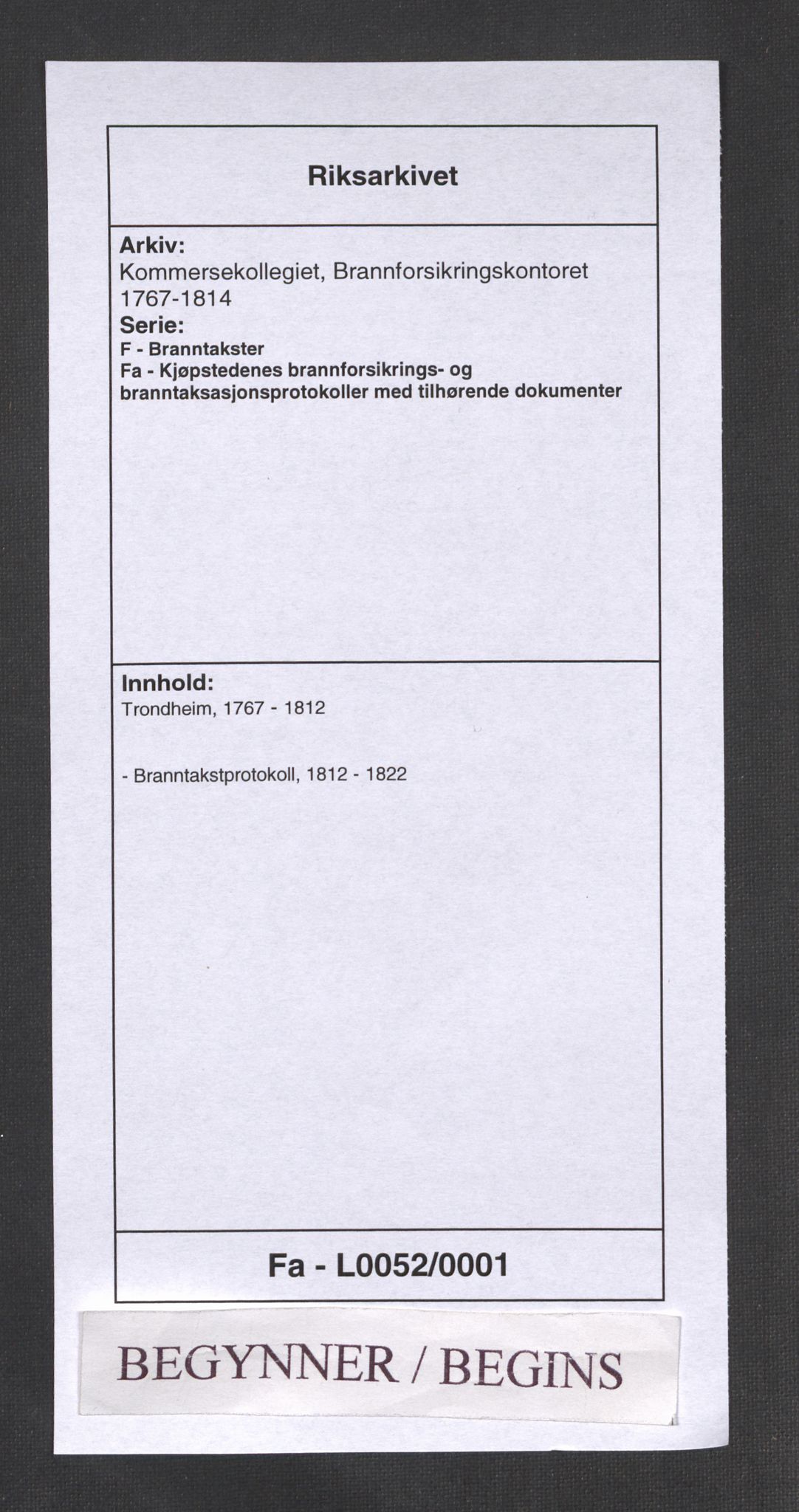Kommersekollegiet, Brannforsikringskontoret 1767-1814, RA/EA-5458/F/Fa/L0052/0001: Trondheim / Branntakstprotokoll, 1812-1822