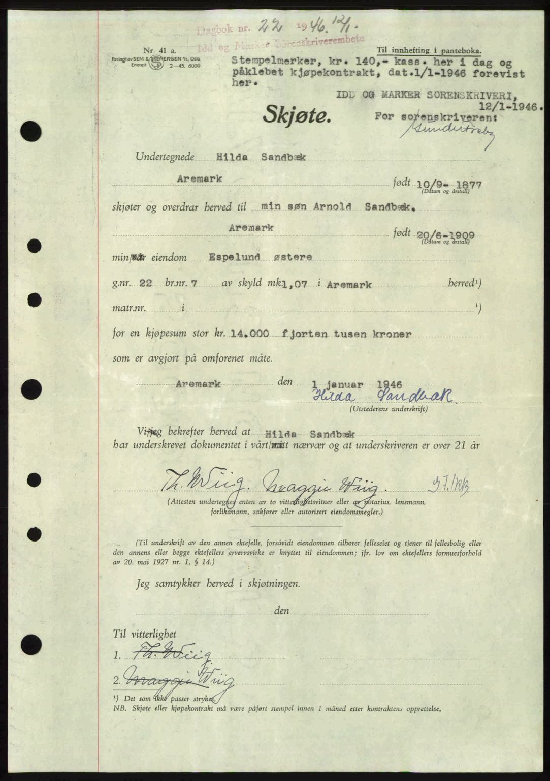 Idd og Marker sorenskriveri, SAO/A-10283/G/Gb/Gbb/L0008: Pantebok nr. A8, 1946-1946, Dagboknr: 22/1946