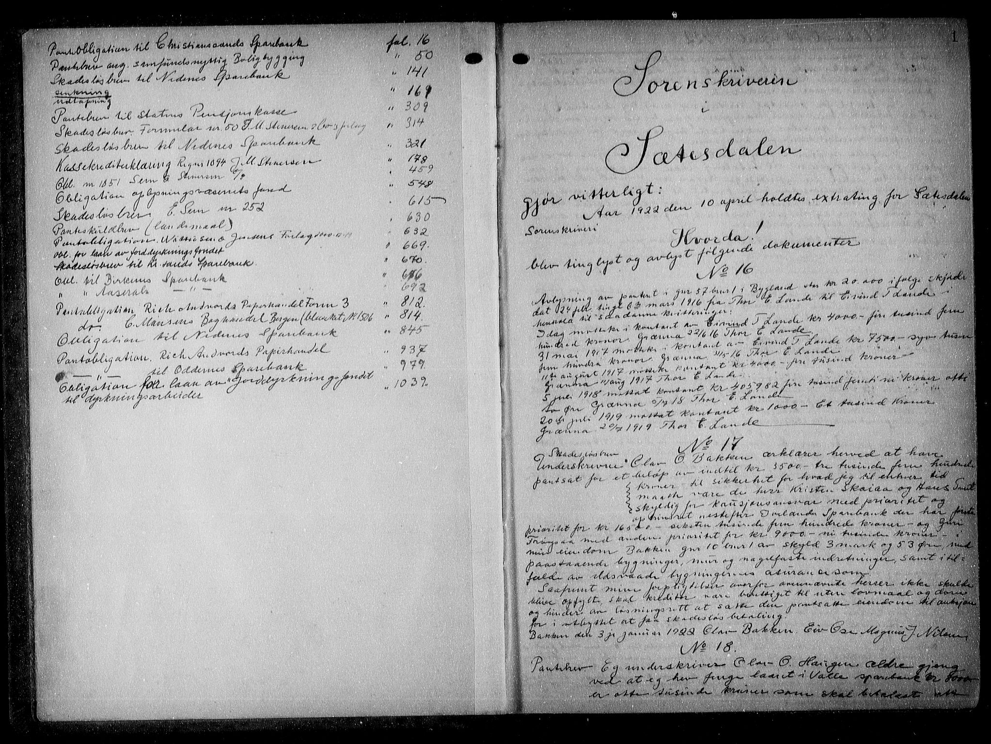 Setesdal sorenskriveri, AV/SAK-1221-0011/G/Gb/L0020: Pantebok nr. 19, 1922-1925, s. 0-1