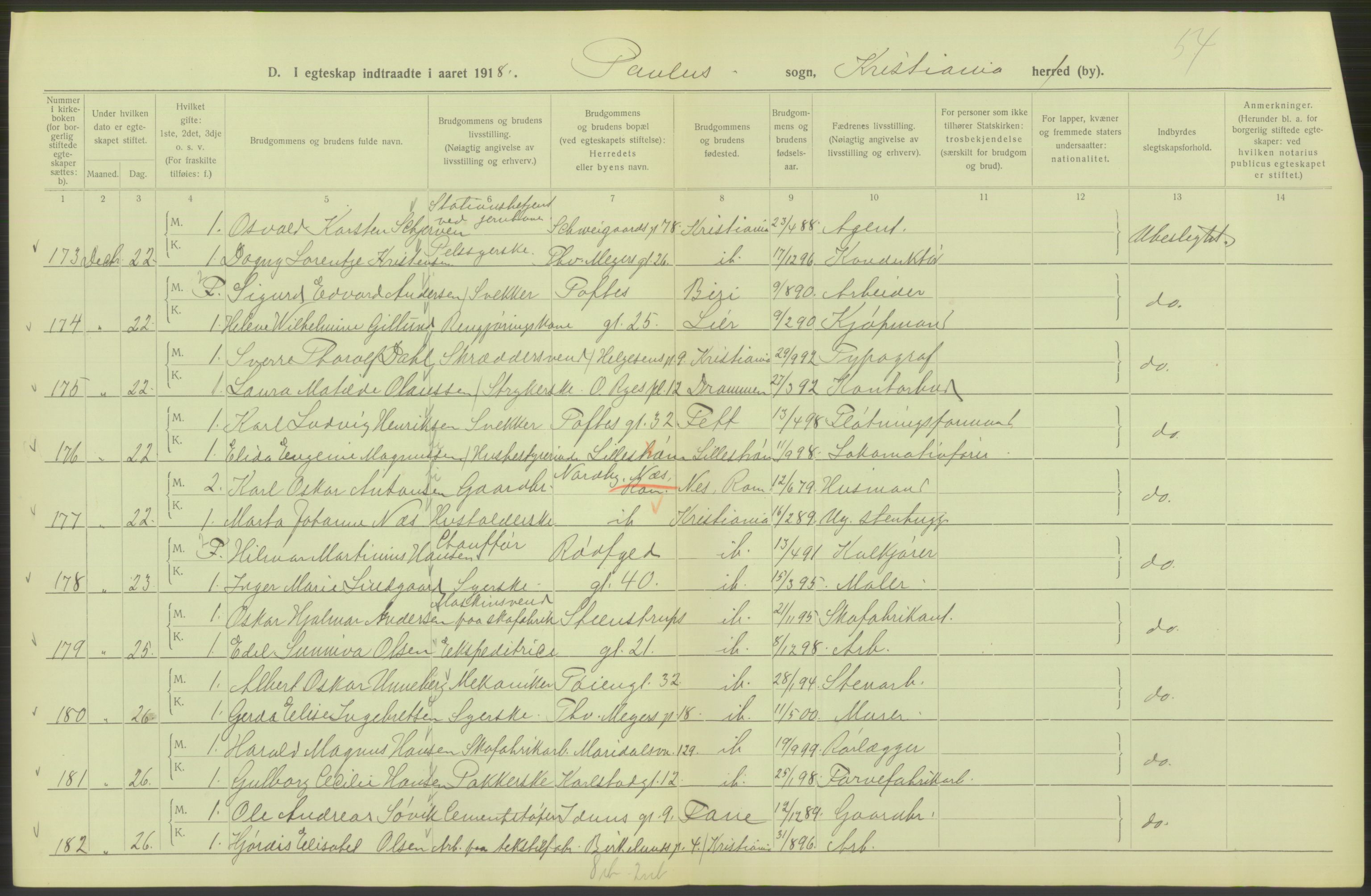 Statistisk sentralbyrå, Sosiodemografiske emner, Befolkning, AV/RA-S-2228/D/Df/Dfb/Dfbh/L0009: Kristiania: Gifte, 1918, s. 740