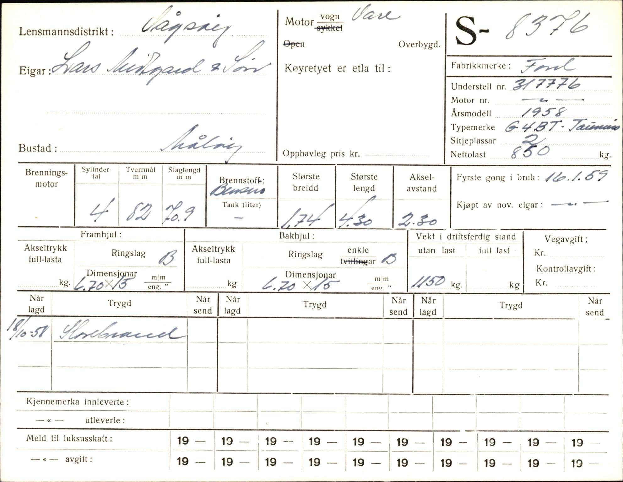 Statens vegvesen, Sogn og Fjordane vegkontor, AV/SAB-A-5301/4/F/L0006: Registerkort utmeldte Fjordane S8300-9500, 1930-1961, s. 120
