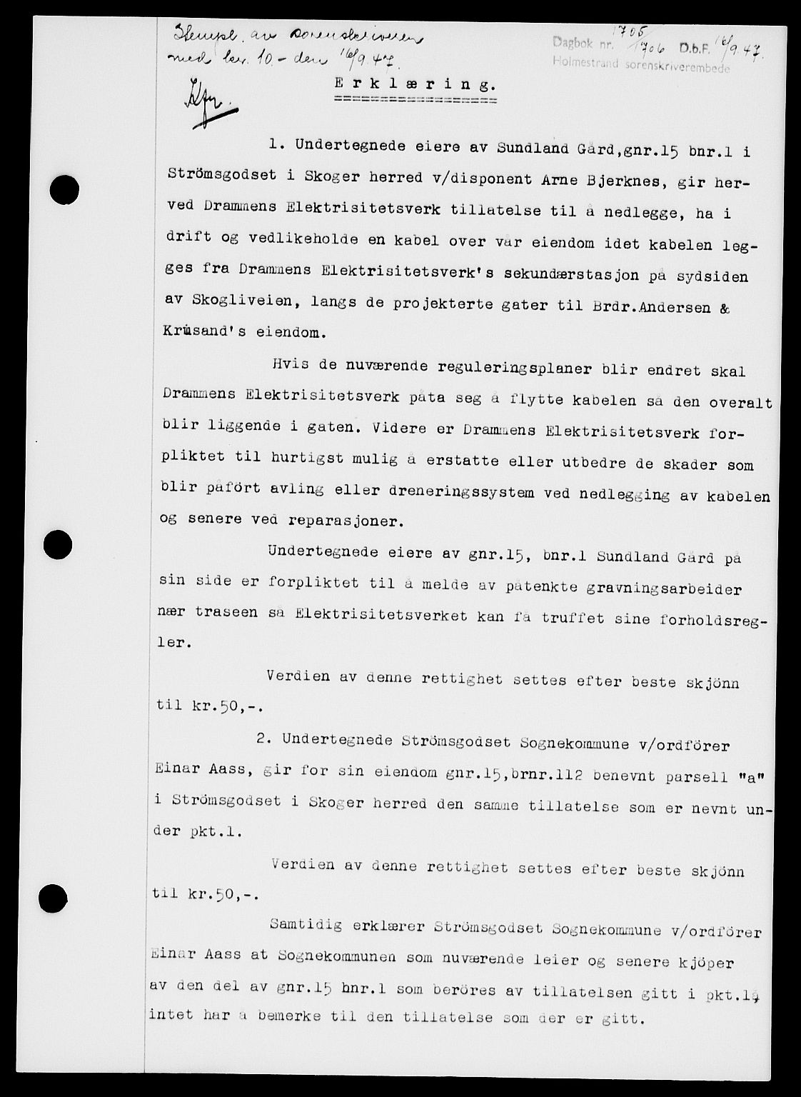 Holmestrand sorenskriveri, SAKO/A-67/G/Ga/Gaa/L0062: Pantebok nr. A-62, 1947-1947, Dagboknr: 1705/1947