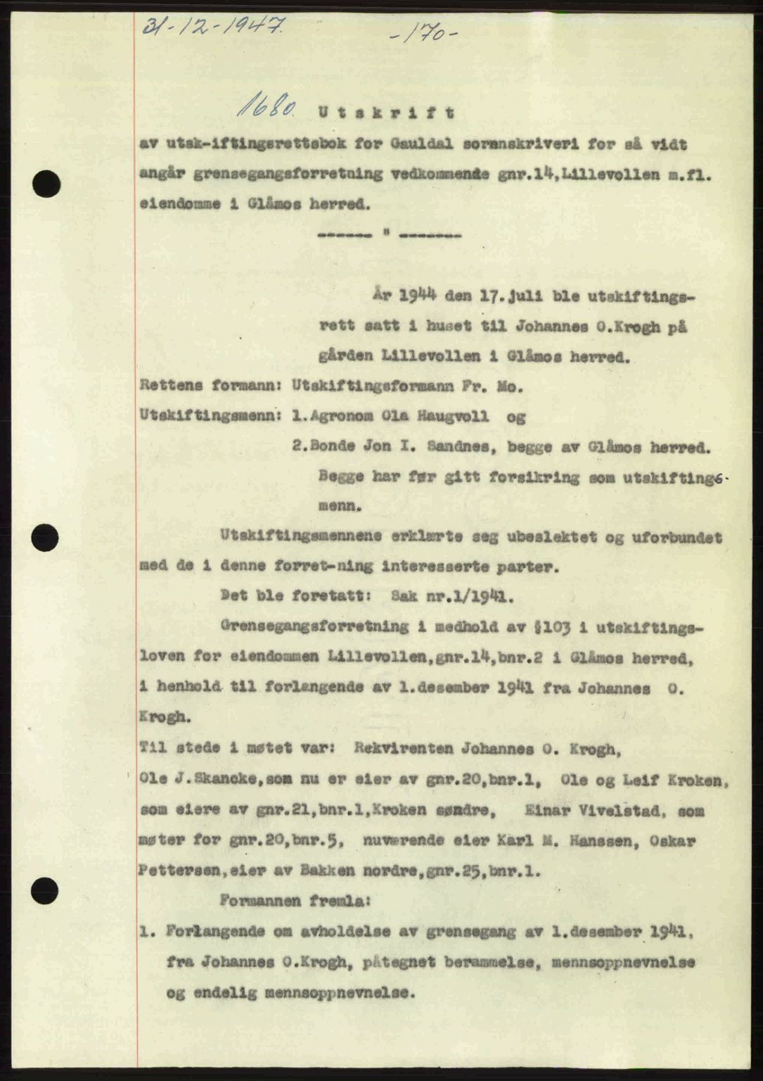 Gauldal sorenskriveri, SAT/A-0014/1/2/2C: Pantebok nr. A5, 1947-1948, Dagboknr: 1680/1947