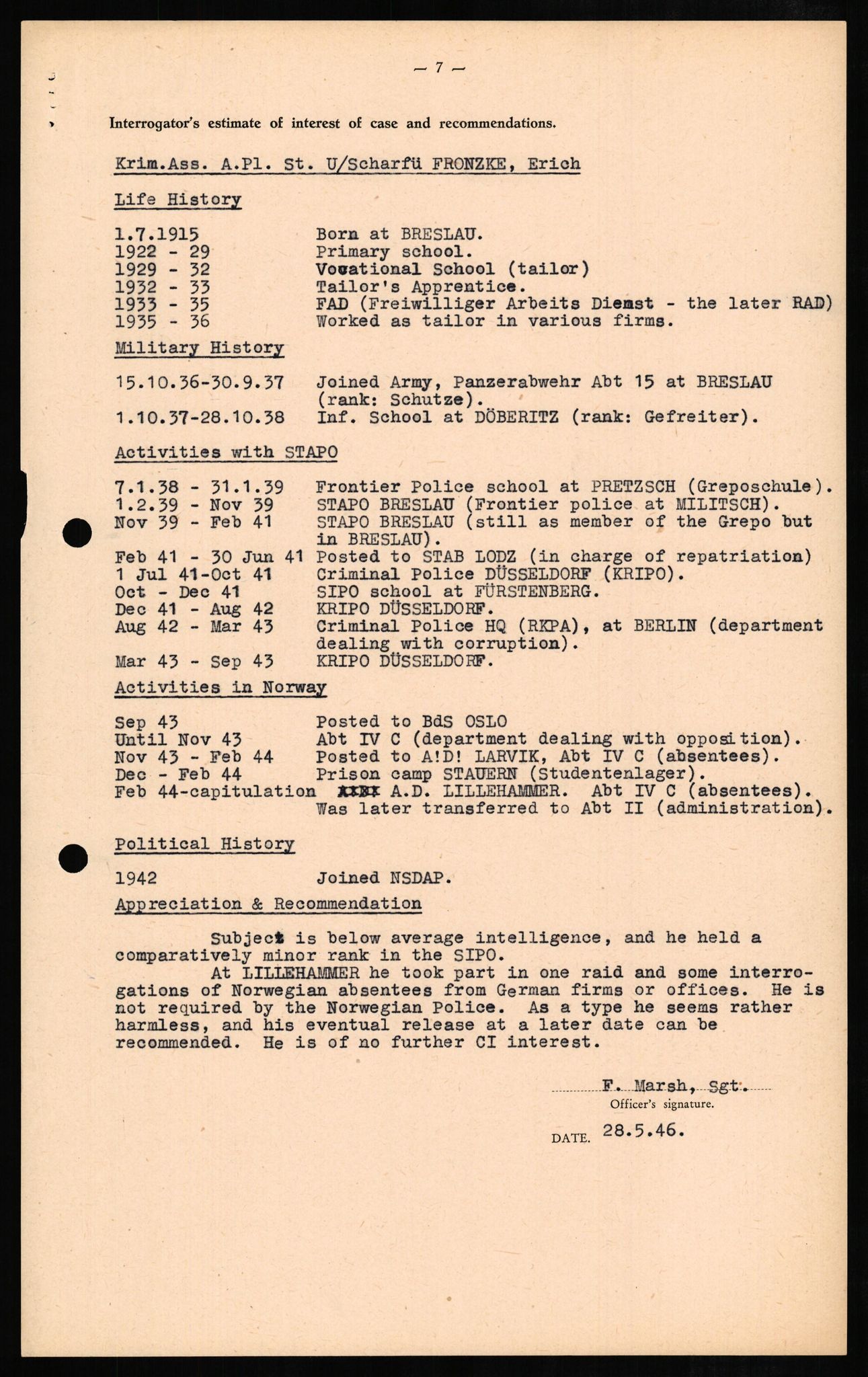 Forsvaret, Forsvarets overkommando II, AV/RA-RAFA-3915/D/Db/L0008: CI Questionaires. Tyske okkupasjonsstyrker i Norge. Tyskere., 1945-1946, s. 398