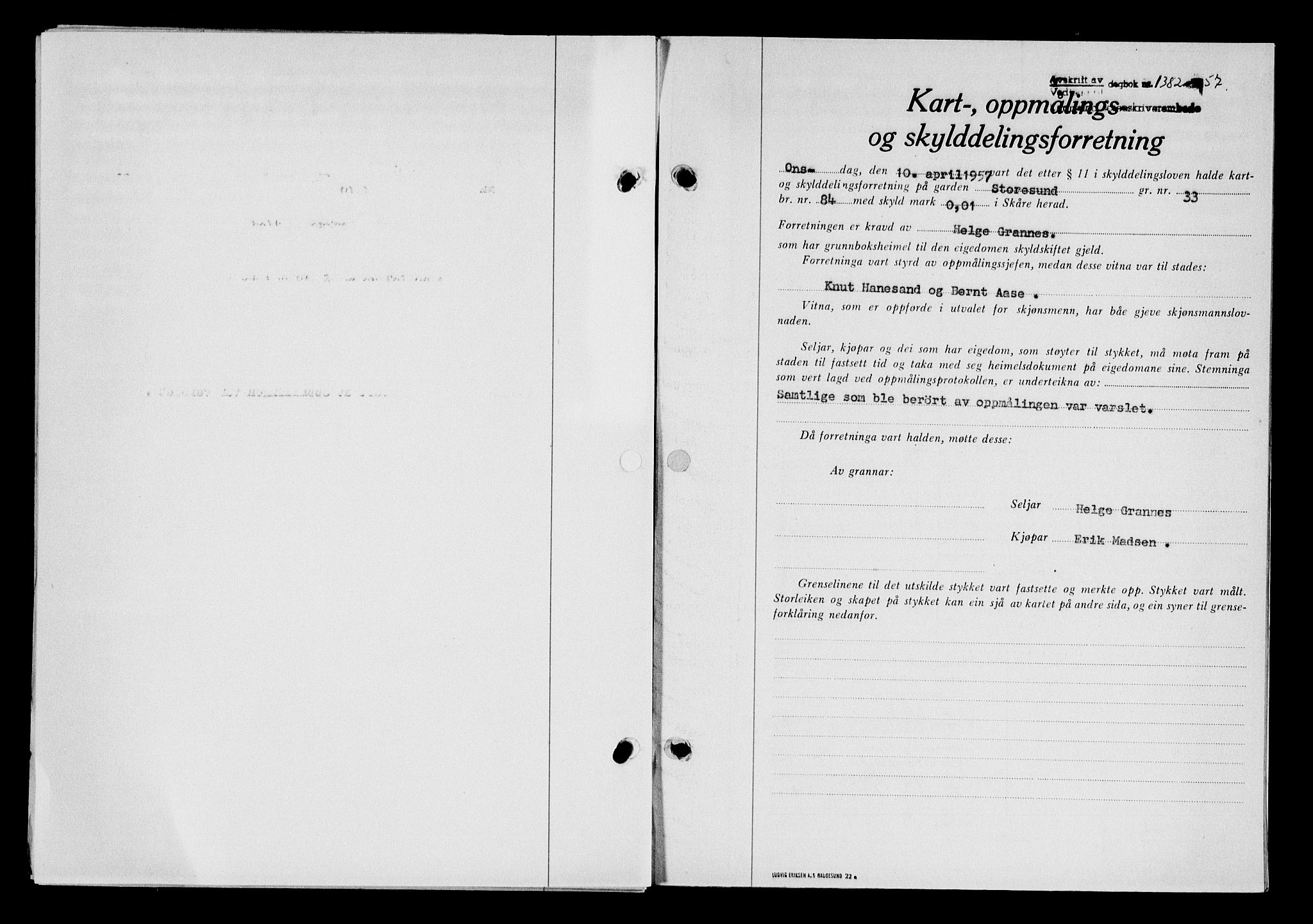 Karmsund sorenskriveri, SAST/A-100311/01/II/IIB/L0124: Pantebok nr. 104A, 1957-1957, Dagboknr: 1382/1957