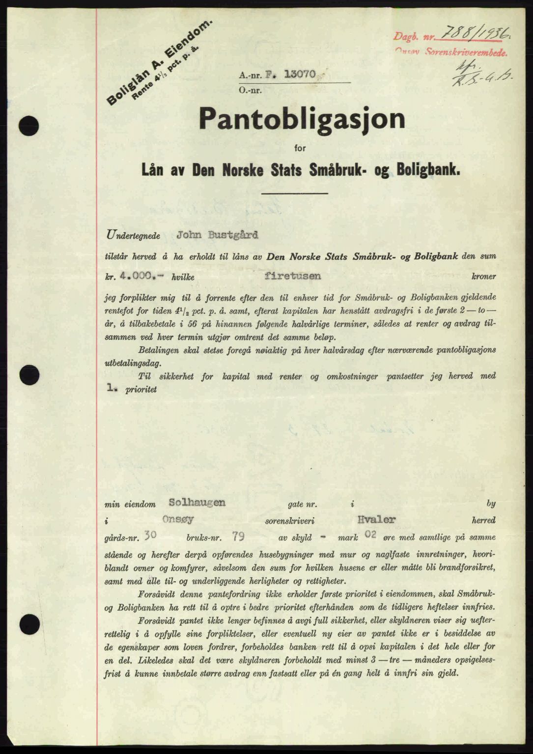 Onsøy sorenskriveri, SAO/A-10474/G/Ga/Gac/L0001: Pantebok nr. B1, 1936-1938, Dagboknr: 788/1936