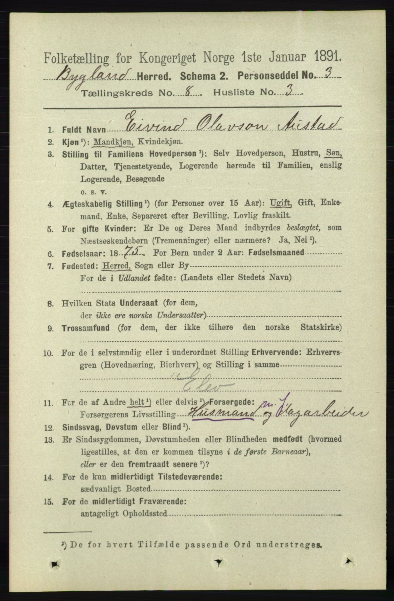 RA, Folketelling 1891 for 0938 Bygland herred, 1891, s. 1930